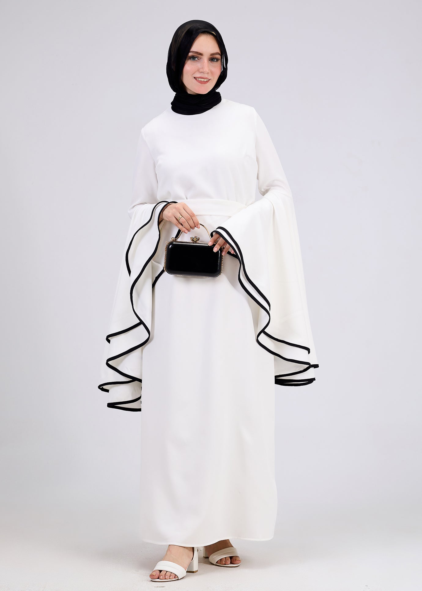 Elegant White Flared Sleeve Modest Dress with Black Trim - Perfect for Church, Weddings & Special Occasions