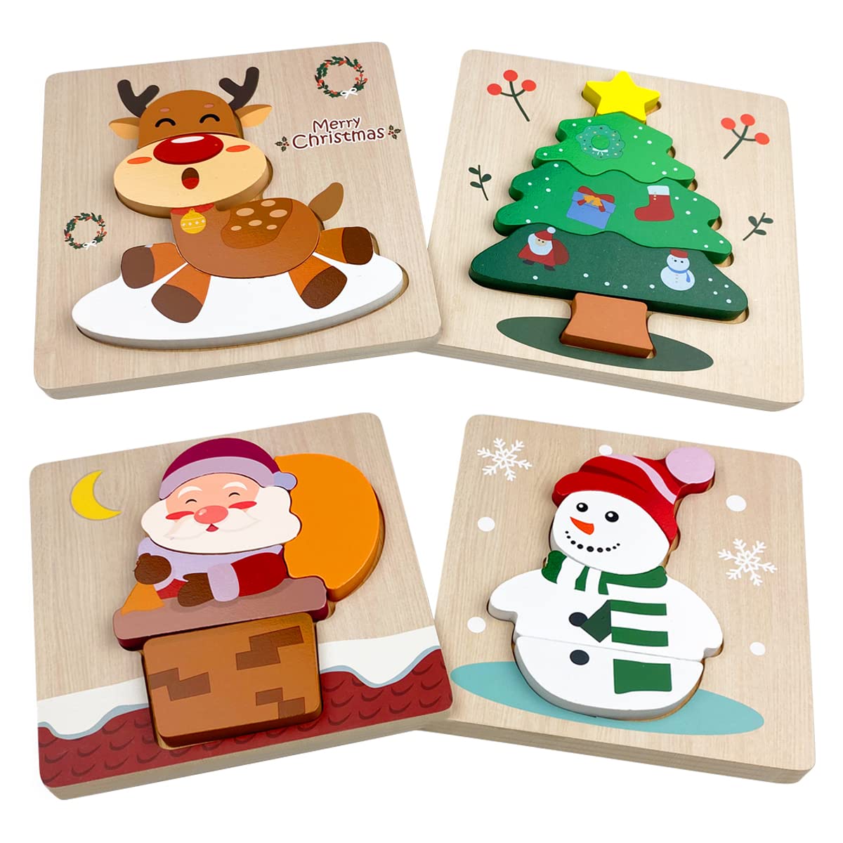 Anditoy 4 Pack Christmas Wooden Puzzles for Kids - Holiday Learning Toys for Toddlers, Stocking Stuffers, Party Favors & Christmas Gifts (Perfect for Classroom Activities, Family Game Night & Holiday Celebrations)