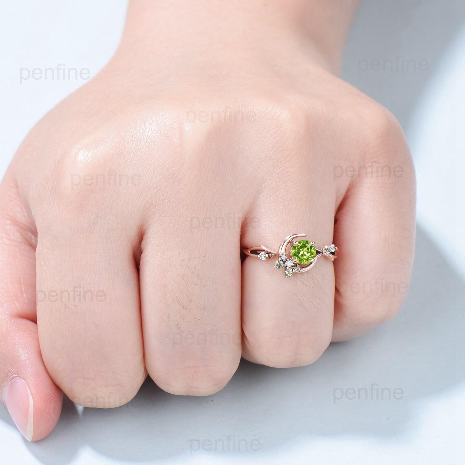 Natural Peridot Engagement Ring - Round Green Peridot Gemstone in Vintage Rose Gold with Star & Moon Design, August Birthstone Jewelry for Women, Perfect for Anniversary, Proposal & Special Occasions