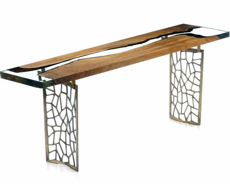 Voronoi Collection Walnut Wood and Resin Sofa & Entry Table - Modern Handcrafted Furniture for Living Room and Entryway Decor