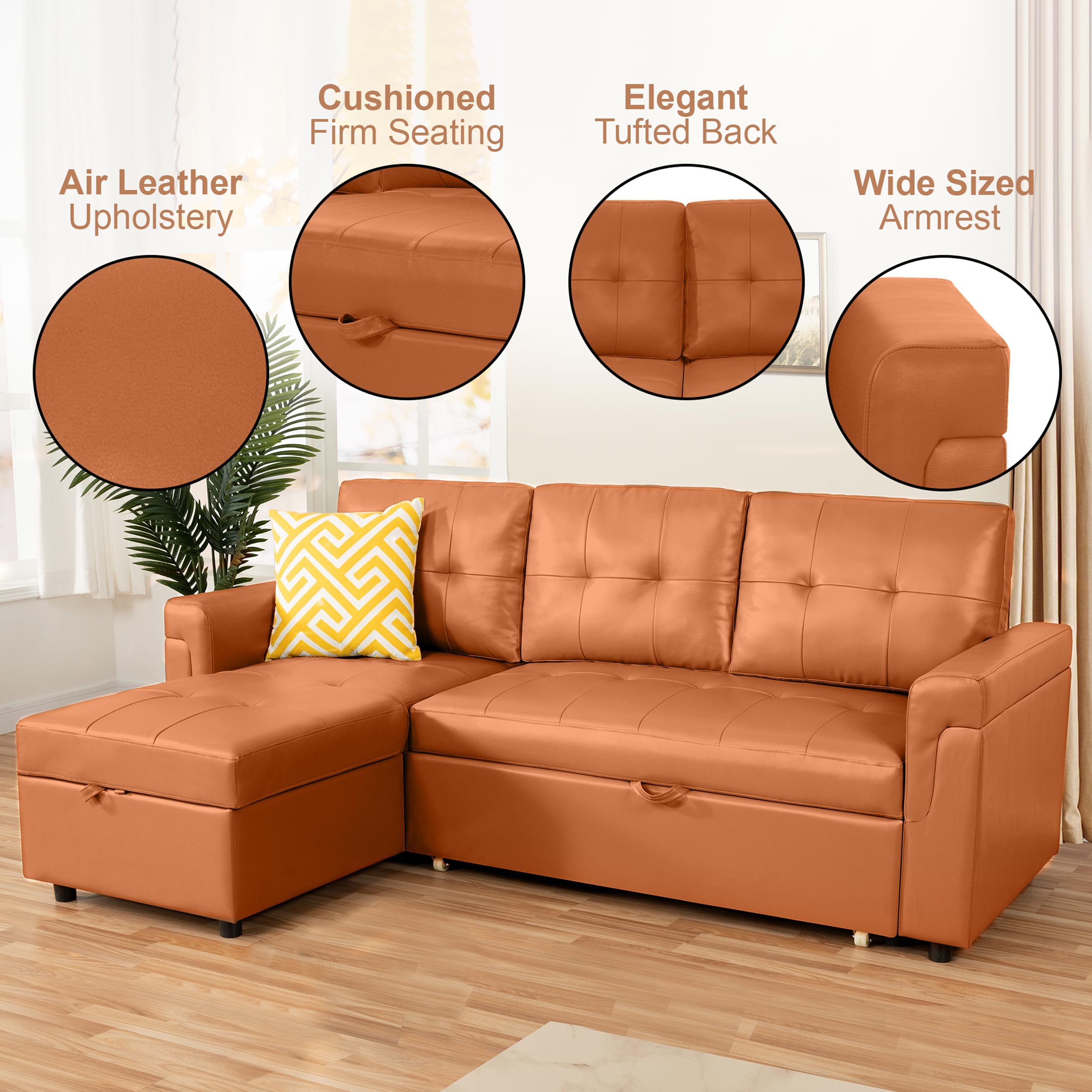 Naomi Home Convertible Sleeper Sectional Sofa with Chaise - Air Leather Caramel | Space-Saving Sofa Bed for Small Apartments & Guest Rooms | Durable, Stress-Relieving Design for Ultimate Comfort