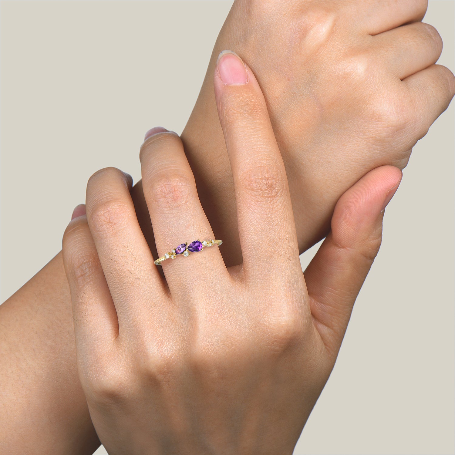 Pear Cut Natural Amethyst & Diamond Cluster Ring in 14K Yellow Gold | Elegant Jewelry for Women, Perfect for Weddings, Anniversaries & Special Occasions