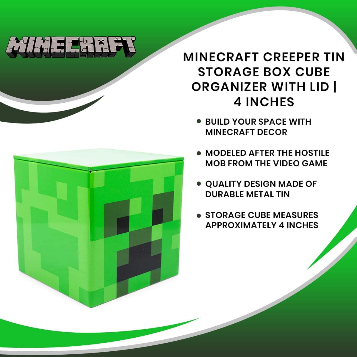 Minecraft Creeper 4-Inch Tin Storage Box with Lid - Organizer Cube for Toys, Collectibles & Home Decor | Perfect for Playroom, Closet & Gift Giving | Video Game Accessories & Storage Solution