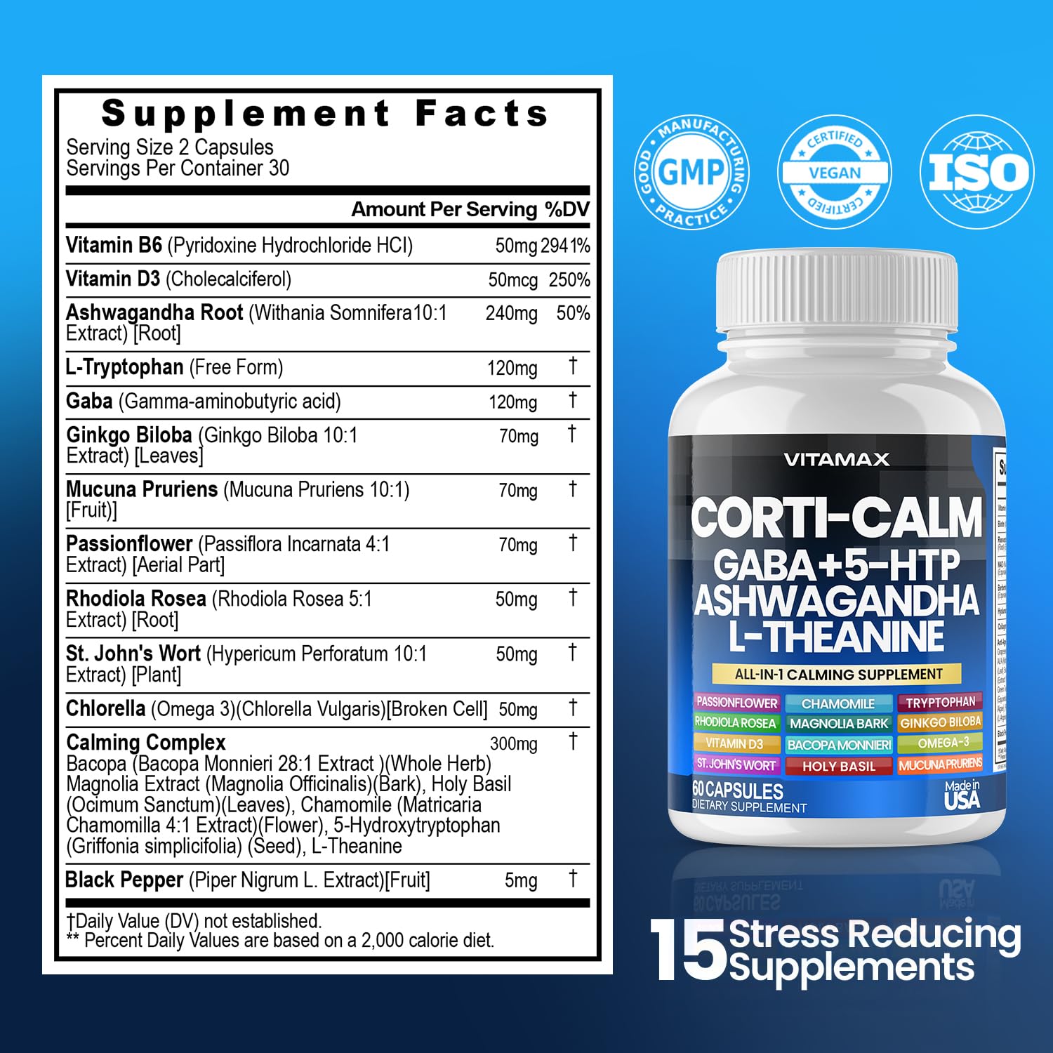 Corti-Calm Cortisol Supplement with L-Theanine, Ashwagandha, Vitamin D3 & GABA for Stress Relief, Relaxation, Focus & Fatigue Support - Includes Ginkgo Biloba, Bacopa Monnieri & 5-HTP - Non-GMO, Made in USA - 60 Capsules - Perfect for Work Stress, Study Focus & Daily Anxiety Relief