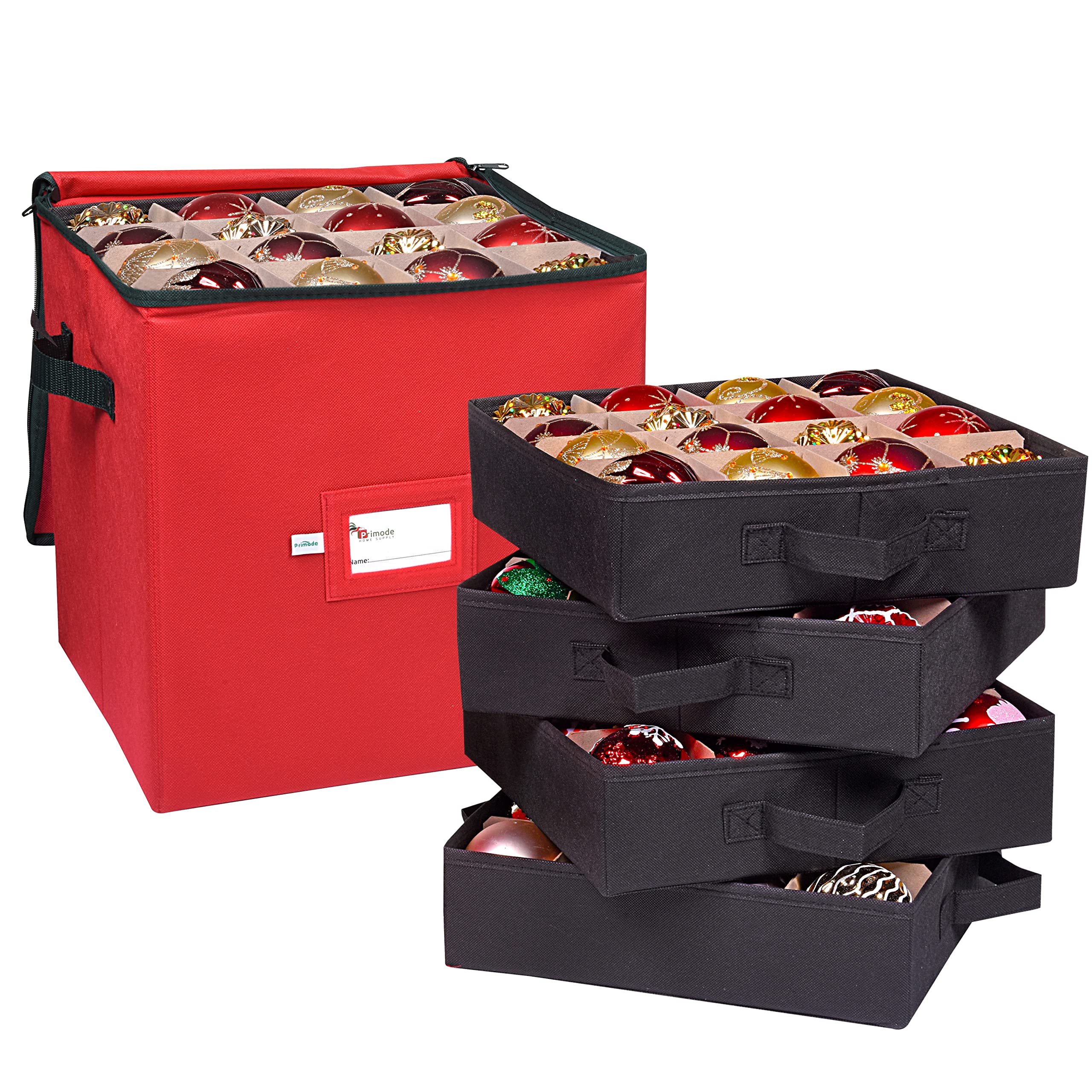 Primode Christmas Ornament Storage Box with 4 Individual Trays - Holds 64 Decorative Balls, Durable Polyester Holiday Decor Organizer (Red) - Perfect for Xmas Tree Decorations Storage & Seasonal Home Organization