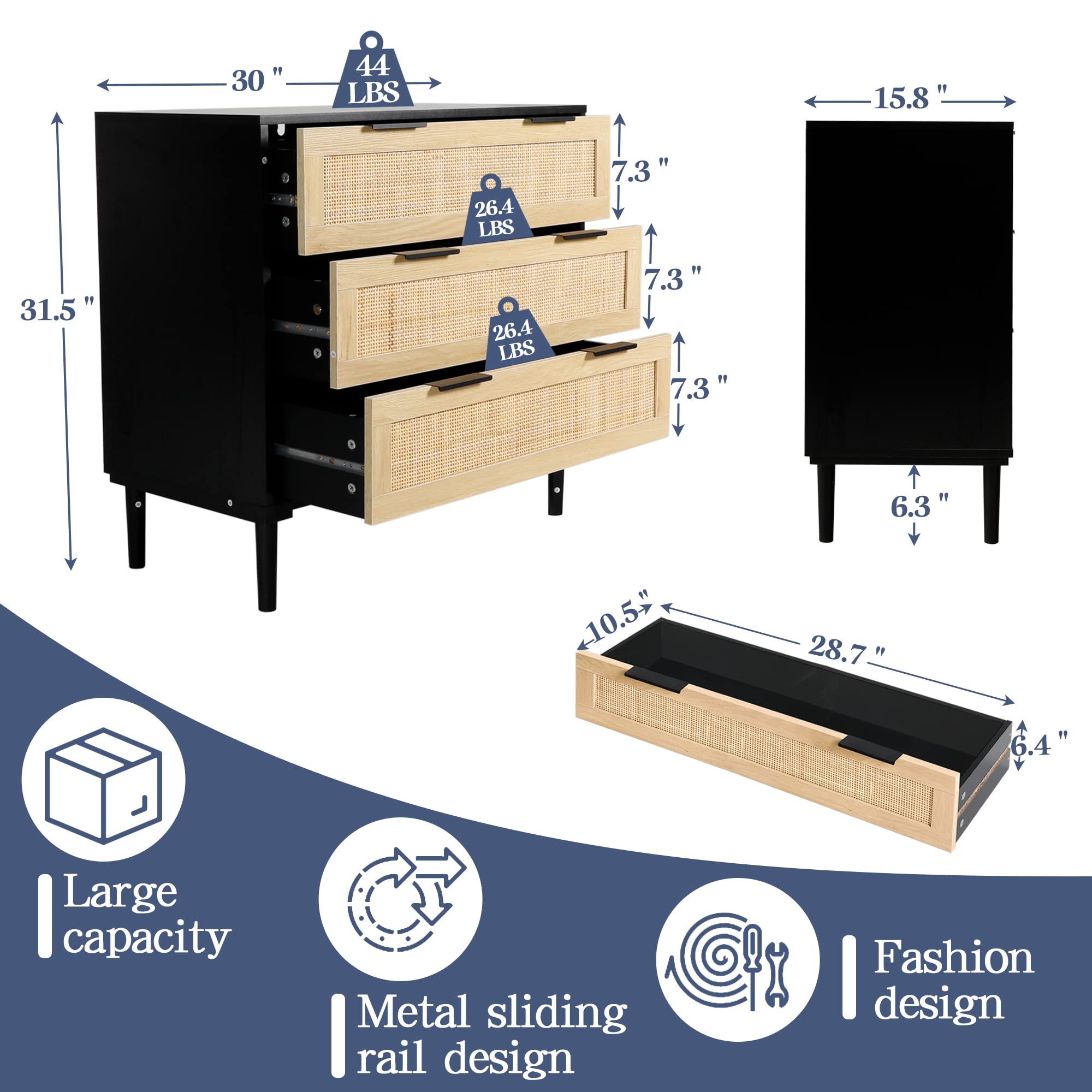 Modern Rattan 3-Drawer Dresser - Bedroom Storage Cabinet for Home & Office