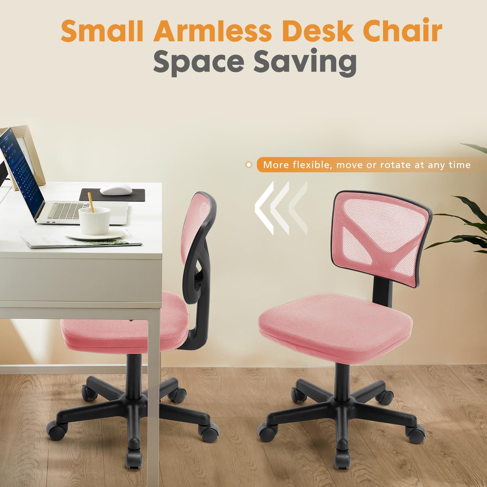 NEWBULIG Small Office Chair Armless with Wheels - Swivel Desk Chair with Lumbar Support & Height Adjustable - Ergonomic Computer Chair for Home Office, Study Room, Vanity & Small Spaces