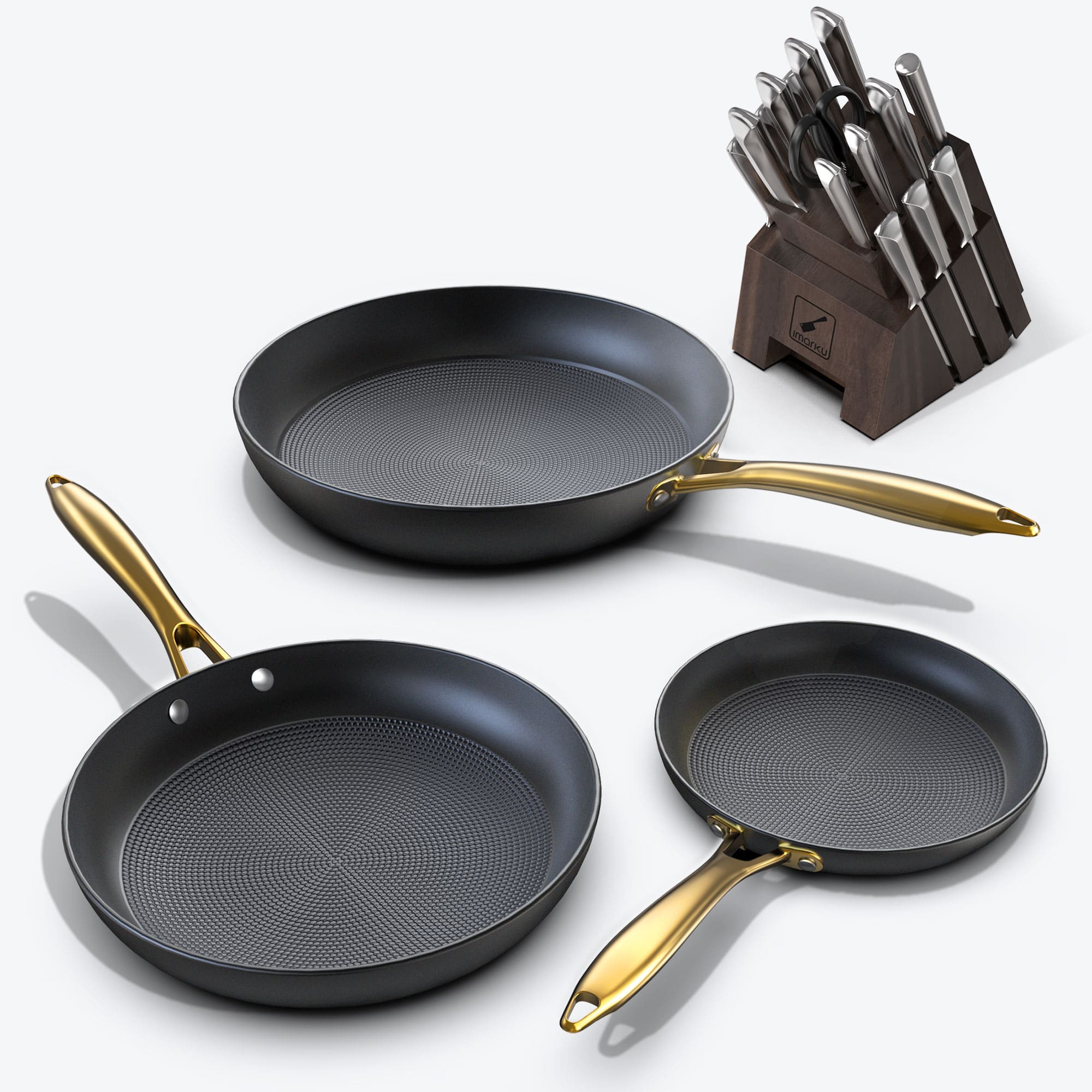 Premium Nonstick Frying Pan Set with Golden Handle & Award-Winning Knife Set Bundle - Perfect for Home Cooking, Professional Chefs & Kitchen Enthusiasts