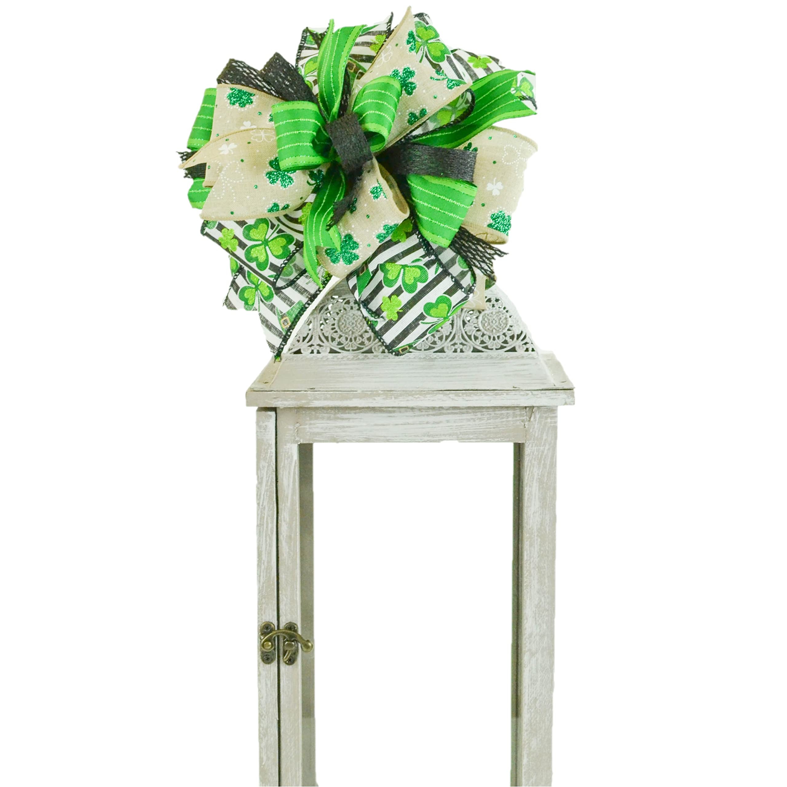 St. Patrick's Day Clover Wreath Bow - Black White Green Burlap Lantern Wreath Embellishment for DIY Farmhouse Decor - Handmade Layered Wreath Accessories (Set of 25) - Perfect for St. Patrick's Party Decorations, Home Door Hanging, and Seasonal Holiday Crafts