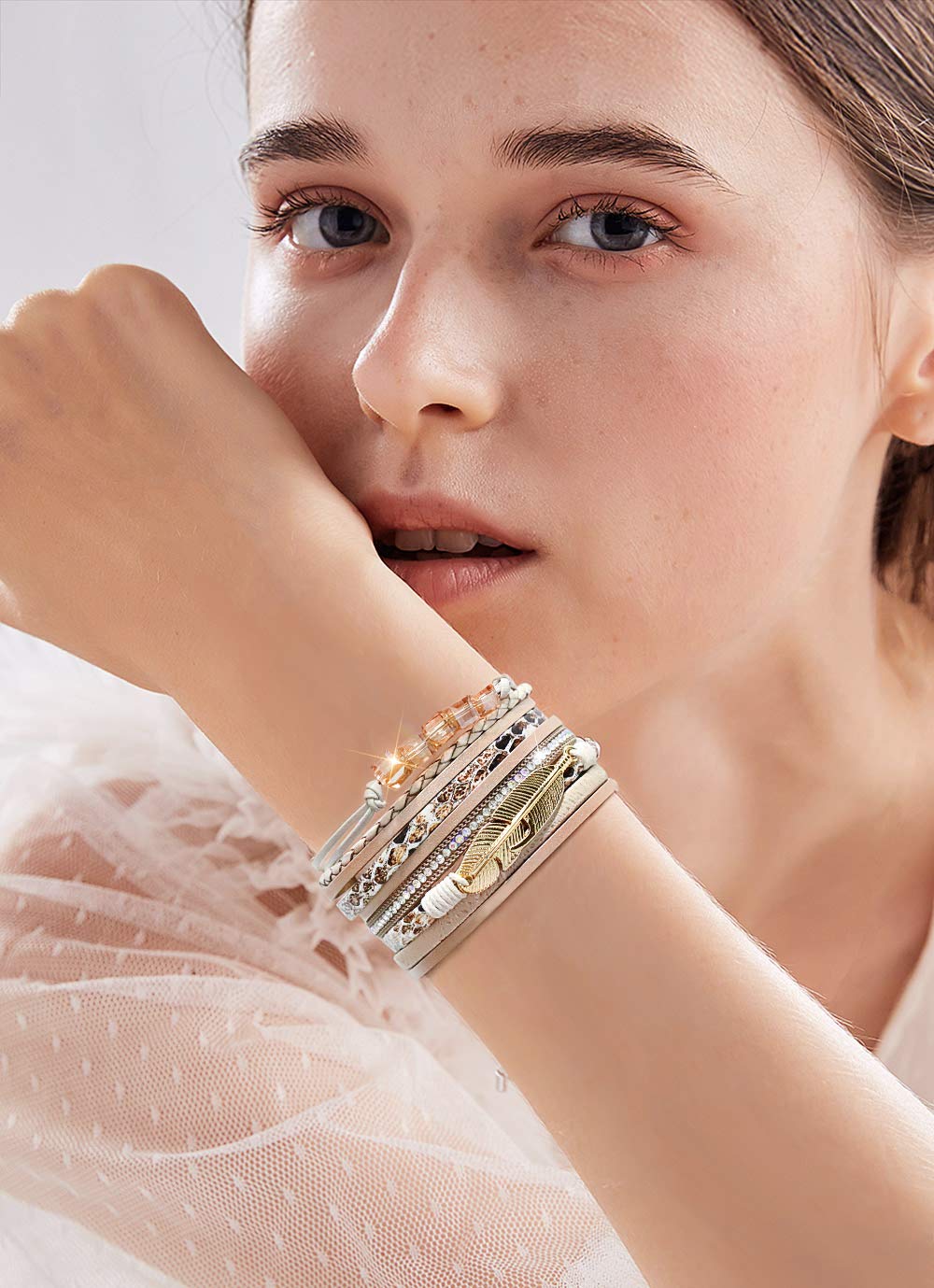 Wowanoo 3-Pack Leather Cuff Bracelet Set for Women - Multilayer Wrap Bracelet with Crystal Feather Tree Design & Magnetic Clasp | Boho Chic Jewelry for Everyday Wear, Parties & Gifts