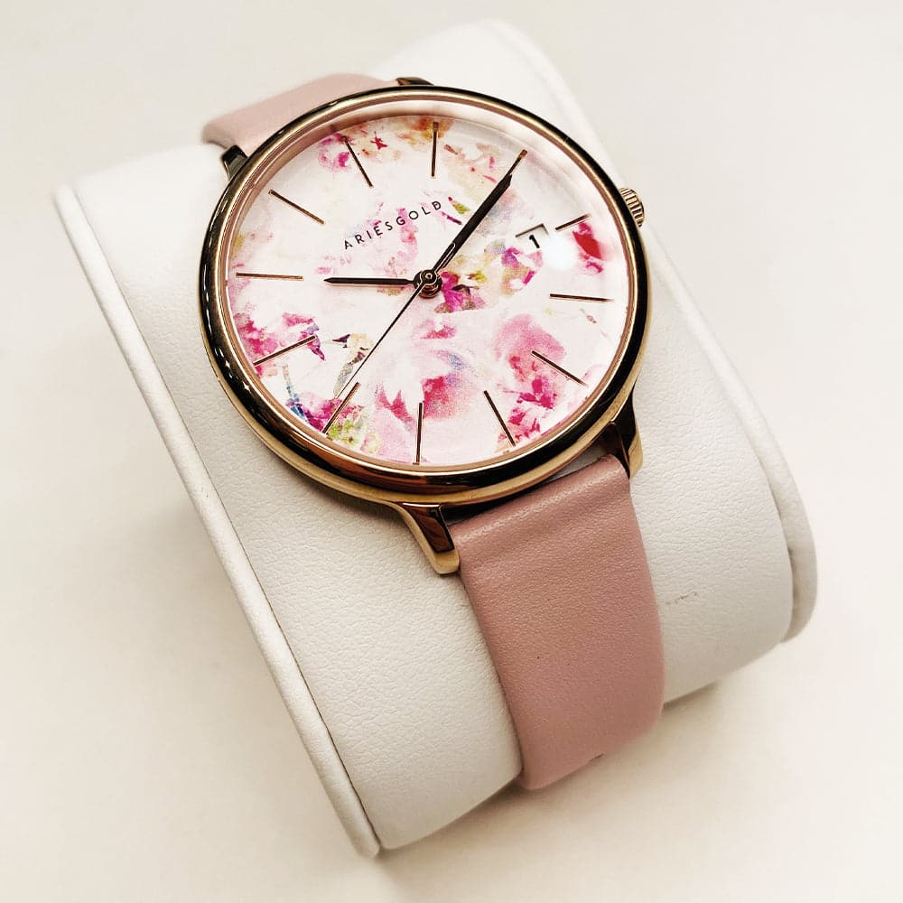 ARIES GOLD ENCHANT FLEUR Rose Gold Stainless Steel Women's Watch with Pink Leather Strap - Elegant Dress Watch for Women, Perfect for Office, Party & Special Occasions
