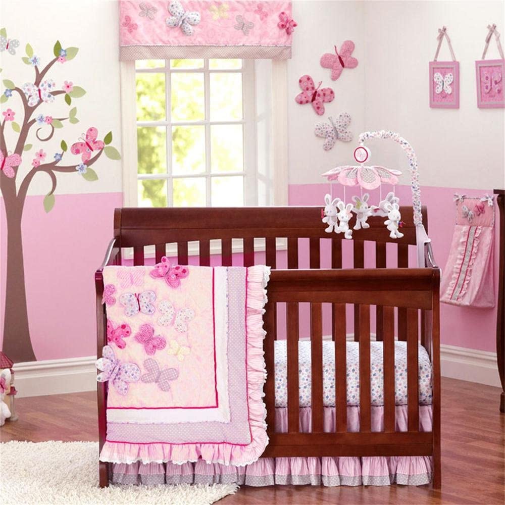 Brandream 5-Piece Pink Butterfly Nursery Bedding Set for Baby Girls - Crib Skirt, Fitted Sheet, Bumper Pads, Window Valance - Soft Cotton Crib Set for Infant & Toddler Bedrooms, Baby Shower Gift