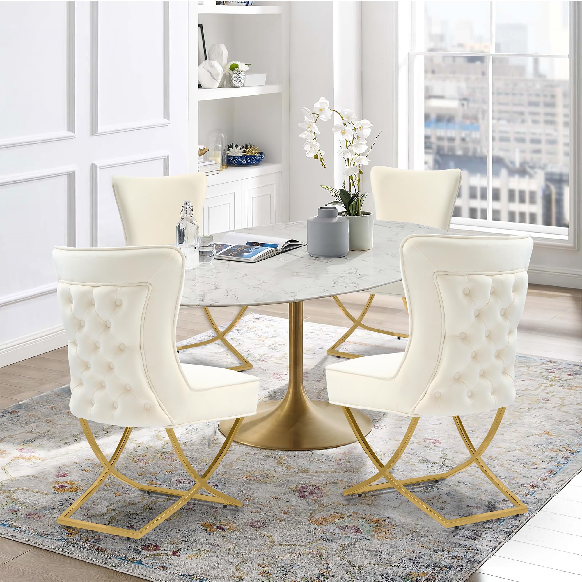 Luxury Velvet Dining Chairs Set of 2 - Tufted Upholstered Accent Chairs with Stainless Steel Legs for Dining Room, Living Room, Bedroom - Elegant Beige Velvet Fabric - Modern Home Decor