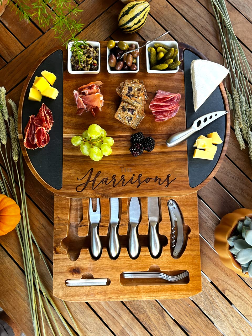 Personalized Round Charcuterie Board Set - 19pcs Cheese Board & Knife Set with Custom Engraving | Perfect Realtor Closing Gift, Wedding Present, Housewarming Party | Great for Entertaining, Cheese Tasting, Charcuterie Platters & Special Occasions