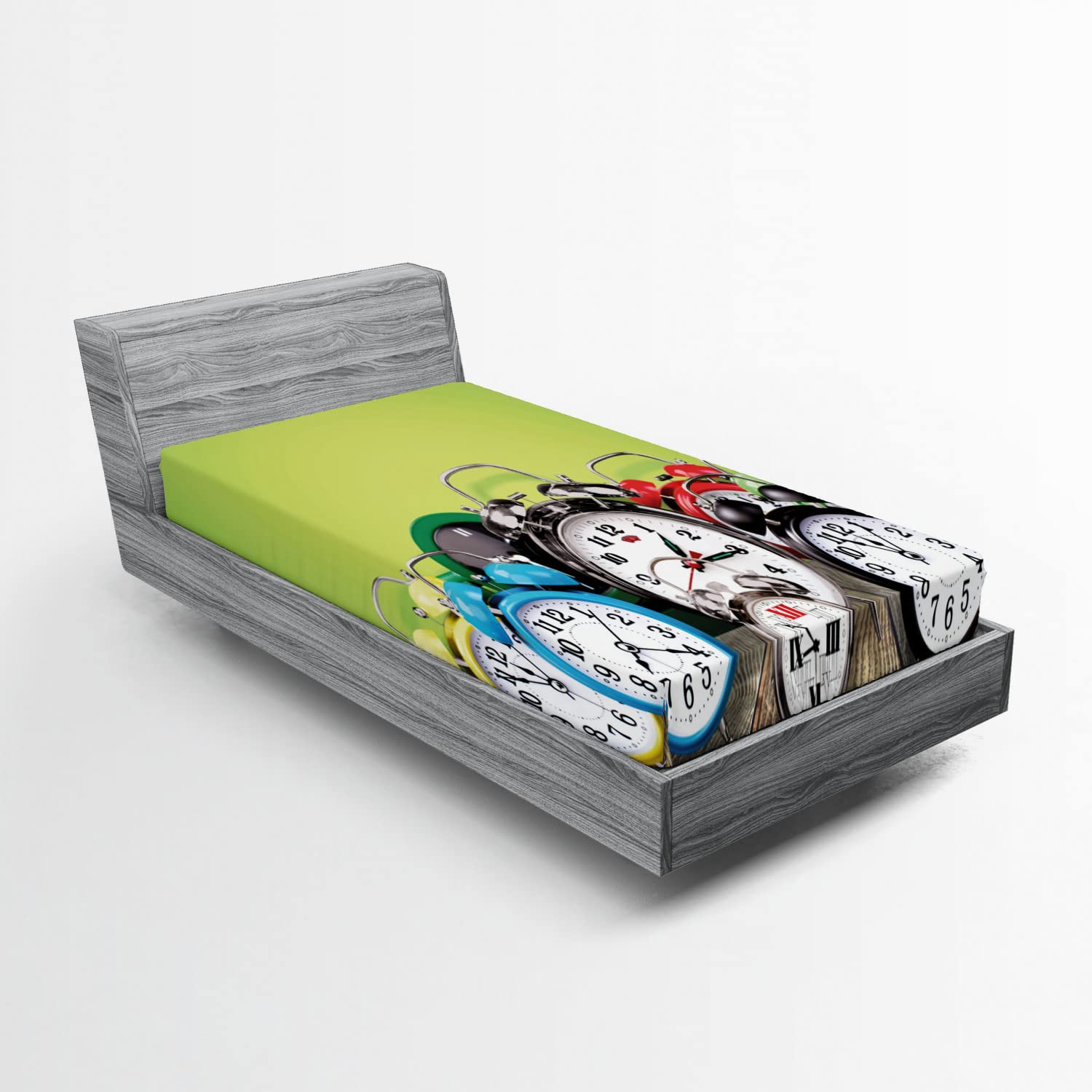 Ambesonne Vintage Alarm Clocks Printed Fitted Sheet - Twin XL Size Deep Pocket Bed Cover with All-Around Elastic, Lime Green - Perfect for Retro Bedroom Decor & Guest Room Styling