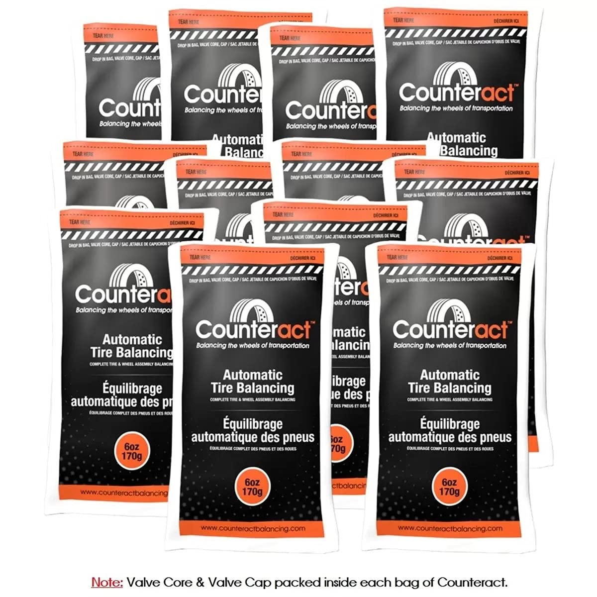 Counteract 6OZ-B12 Centrifugal Force Tire Balancing Beads for Off-Road Vehicles & Light Trucks - 12 Pack 6oz Bead Bags with Valve Cores & Caps - Reduce Vibration for Smoother Ride on Rough Terrain