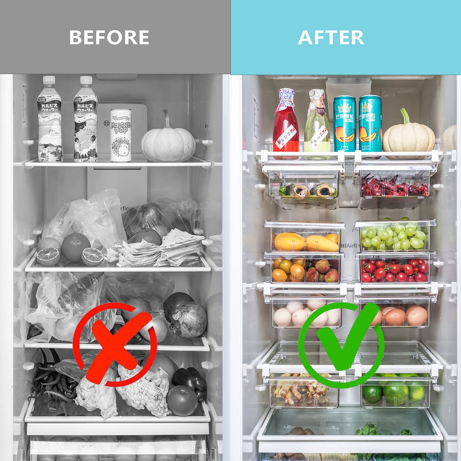 Farochy 2-Pack Refrigerator Organizer Bins with Handles - Pull-Out Fridge Drawer Storage Box for Eggs, Fruits & Vegetables | Space-Saving Kitchen Organization for Refrigerator Shelves & Door