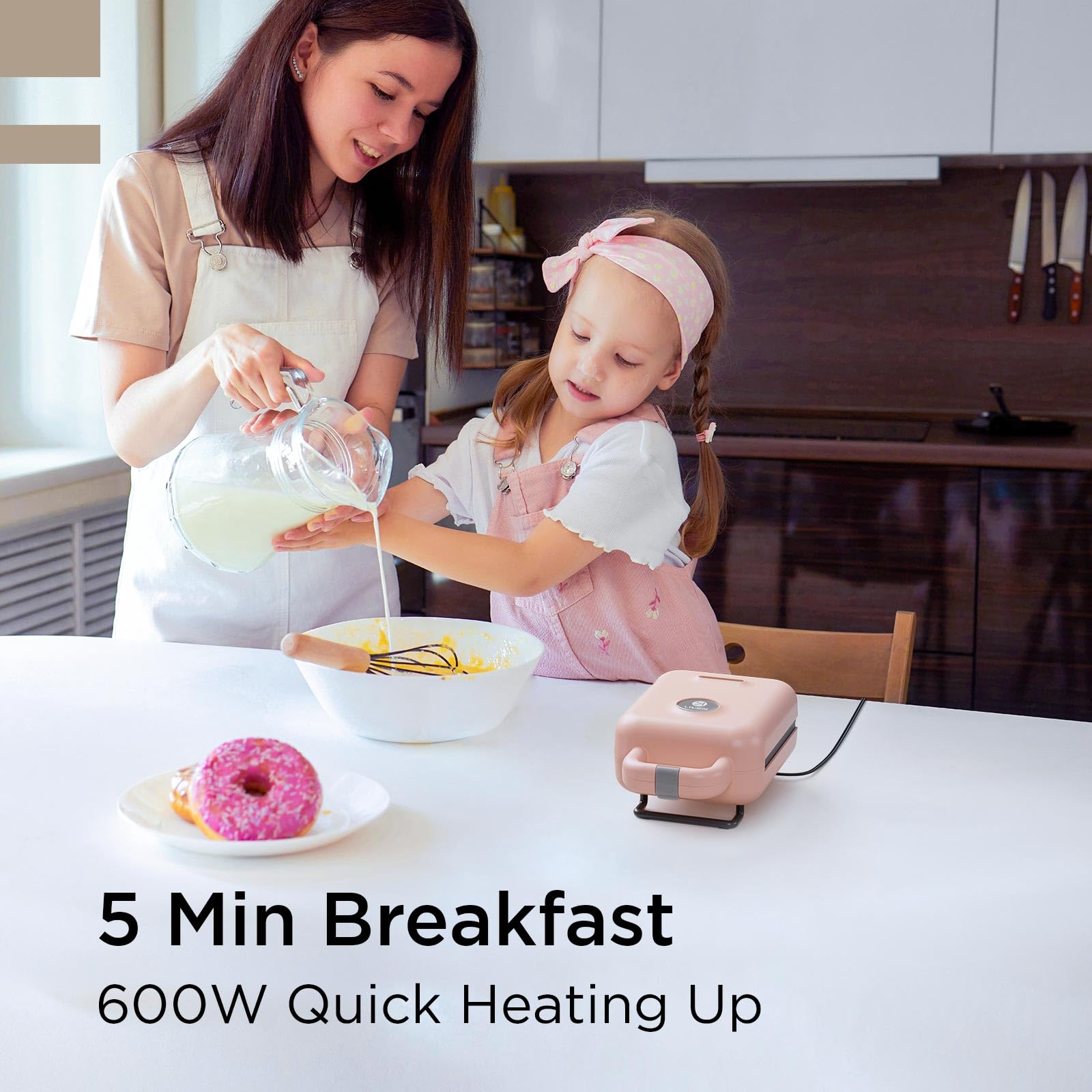 LIVEN - Mini Waffle Maker with 3 Interchangeable Non-Stick Plates (Electric) for Belgian Waffles, Chaffles, Donuts & Hash Browns | Perfect Breakfast Machine for Kids & Home Use | Compact & Easy to Clean (Pink) | Ideal for Quick Breakfast, Snacks & Family Gatherings