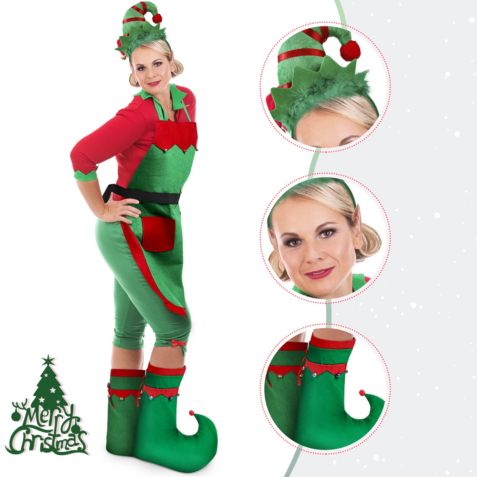 Women's Christmas Elf Costume Set - Santa Hat, Shoes, Socks & Ears Accessories | Festive Holiday Party Outfit for Xmas, Cosplay & Themed Events