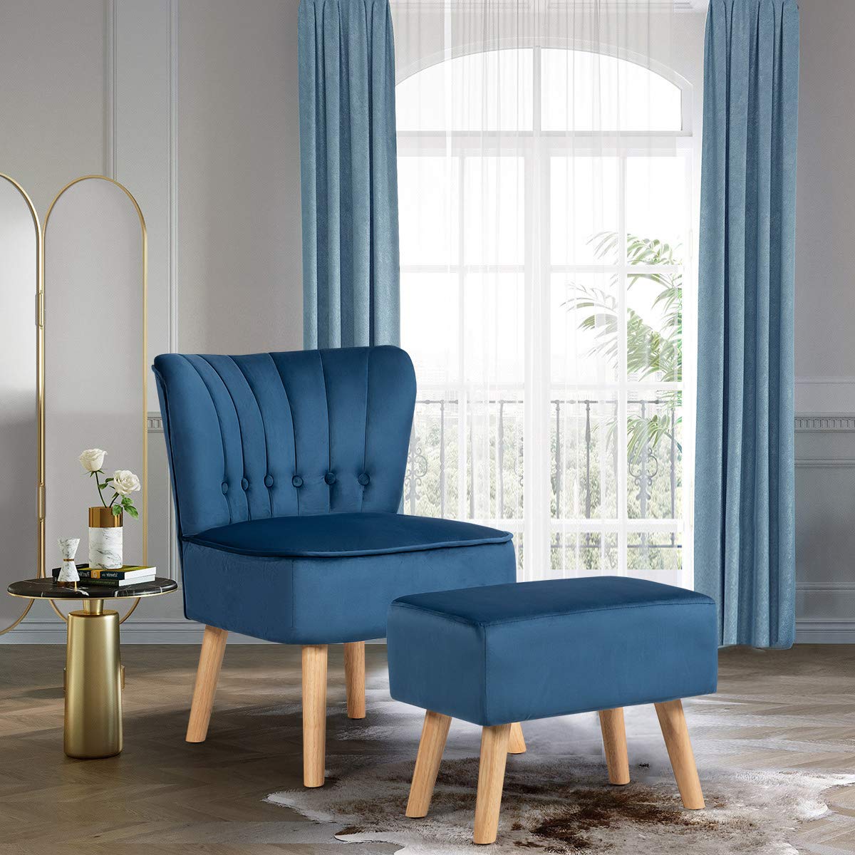 Giantex Modern Accent Chair and Ottoman Set - Velvet Upholstered Armless Slipper Sofa with Button Tufted Footstool, Single Chair for Living Room, Bedroom & Home Office - Blue | Perfect for Reading Nook, Lounge Area & Small Space Decor