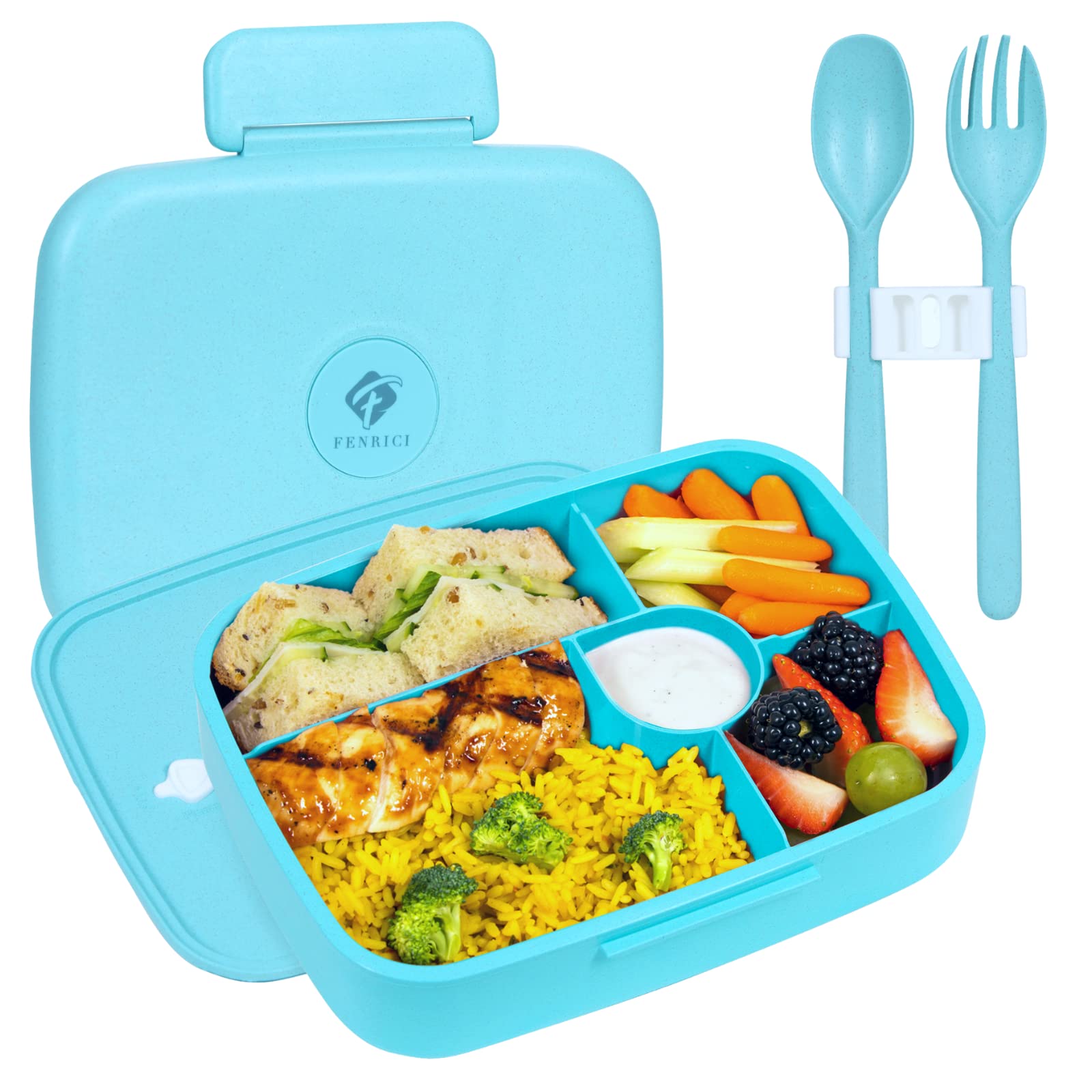 Eco-Friendly Wheat Straw Bento Box for Kids & Teens - 5 Leakproof Compartments, BPA-Free, Microwave & Dishwasher Safe - Pastel Blue Lunch Box for School, Office & Picnics