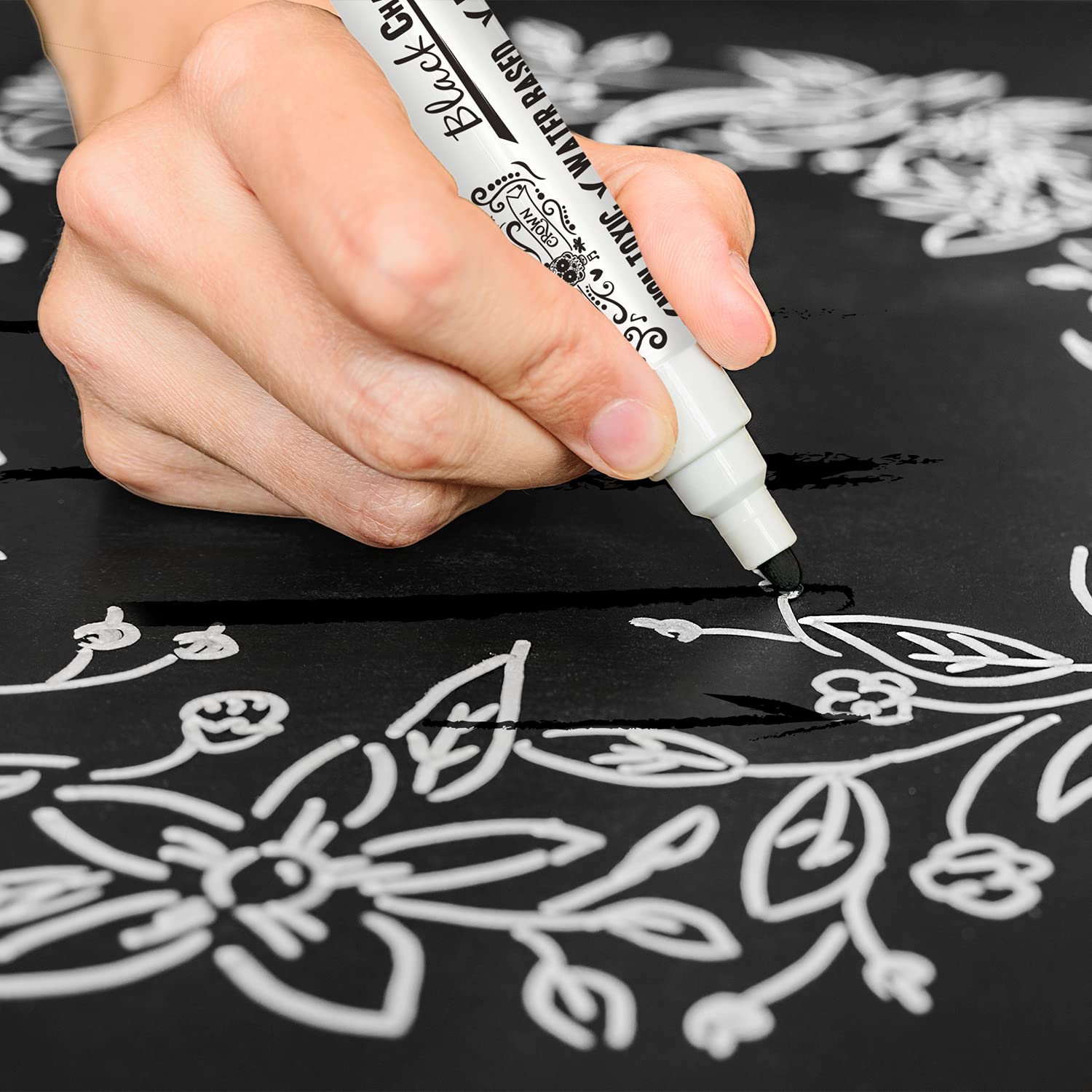 CHALKY CROWN Liquid Chalk Markers 5 Pack - Dry Erase Markers for Chalkboard, Blackboard, Glass & Windows - 6mm Reversible Tip Non-Toxic Markers - Perfect for Restaurants, Cafes, Retail Signs & Classroom Whiteboards (Black)