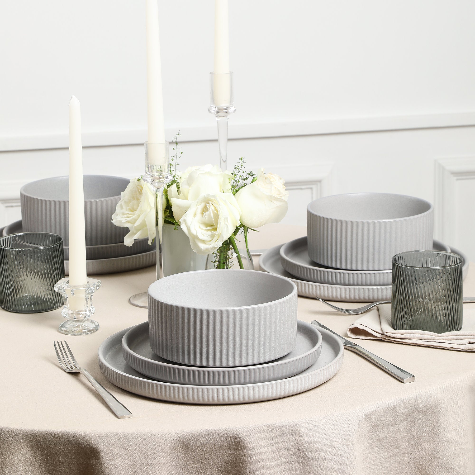 Haven Stoneware Dinnerware Set - 16-Piece Grey Dinner Plates, Bowls & Mugs - Durable Ceramic Tableware for Everyday Use & Entertaining