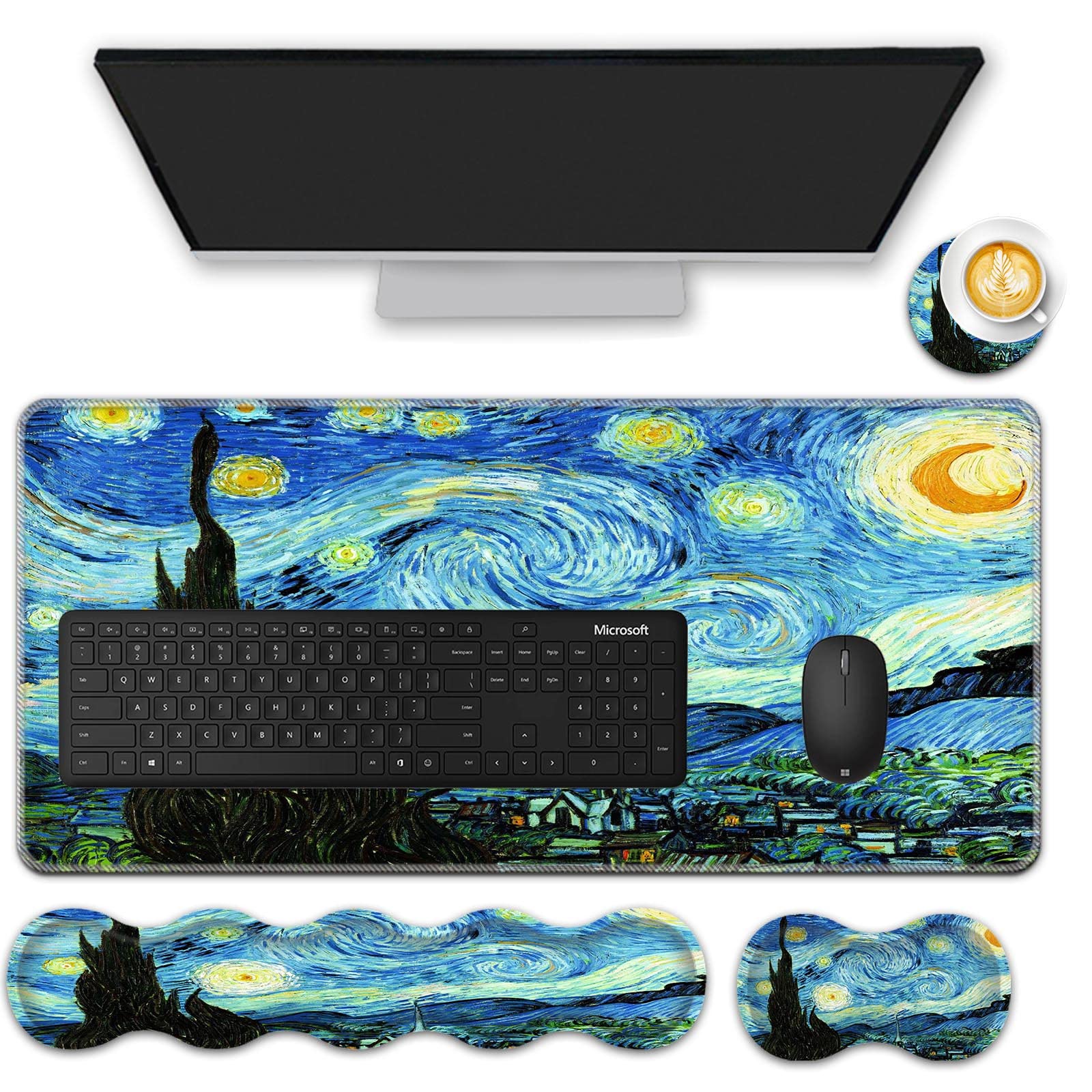 Premium Mouse Pad Set (31.5×11.8 in) - Extra Large Desk Mat with Keyboard Wrist Rest, Mouse Wrist Support & Coaster - Ergonomic Office & Home Computer Accessories for Laptop & PC Workstations - Starry Night Design