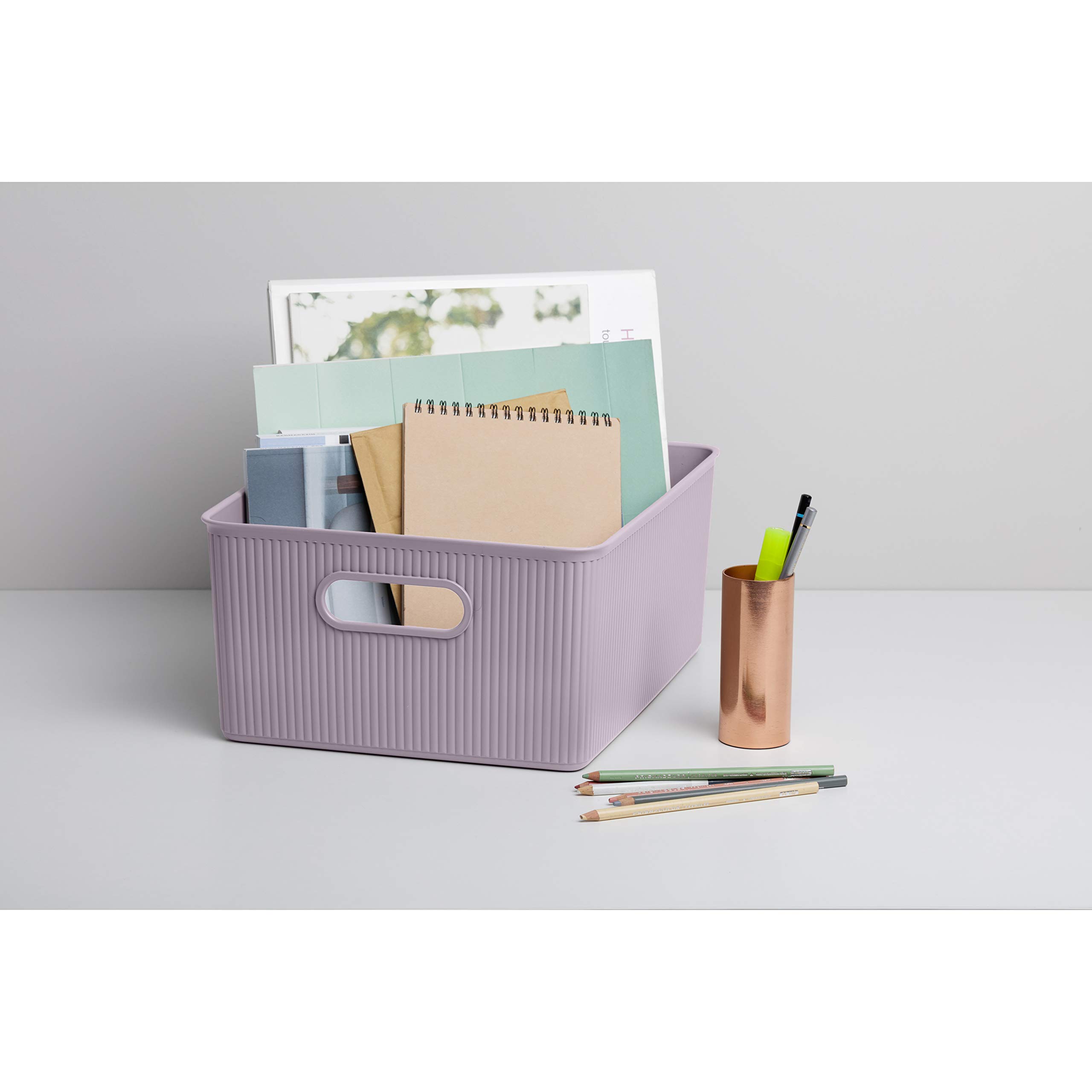 Superio Ribbed Storage Bins Set of 3 (X-Large, Large, Medium) - Decorative Plastic Organizer Baskets for Home, Closet & Shelves - Lilac Purple Storage Containers | Perfect for Bedroom, Bathroom & Office Organization