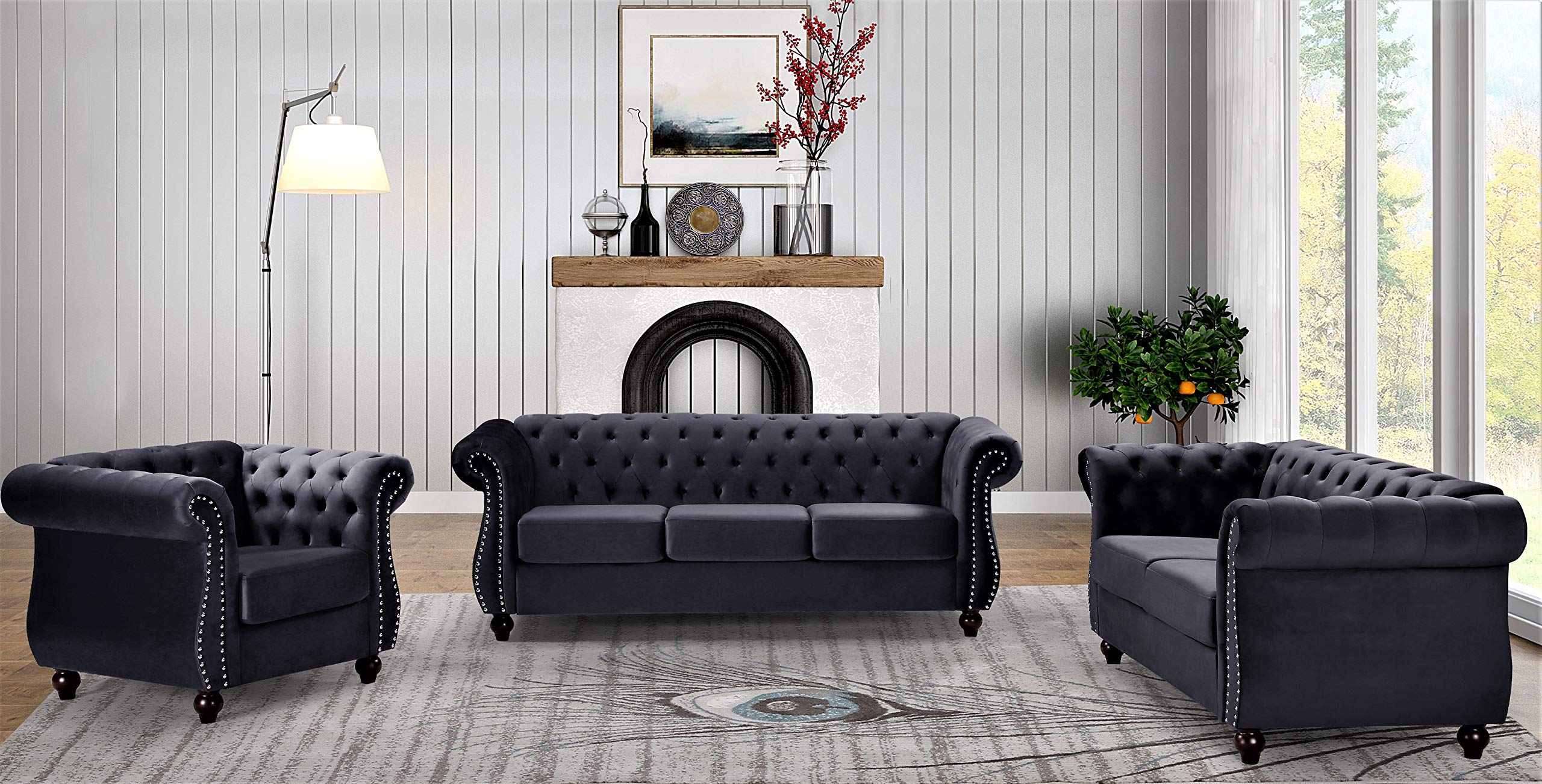 Luxury Modern Velvet Chesterfield Sofa for Living Room - Diamond Tufted Back with Nailhead Trim, Sturdy Metal Frame, Midnight Black - Perfect for Home Theater, Lounge & Formal Sitting Areas
