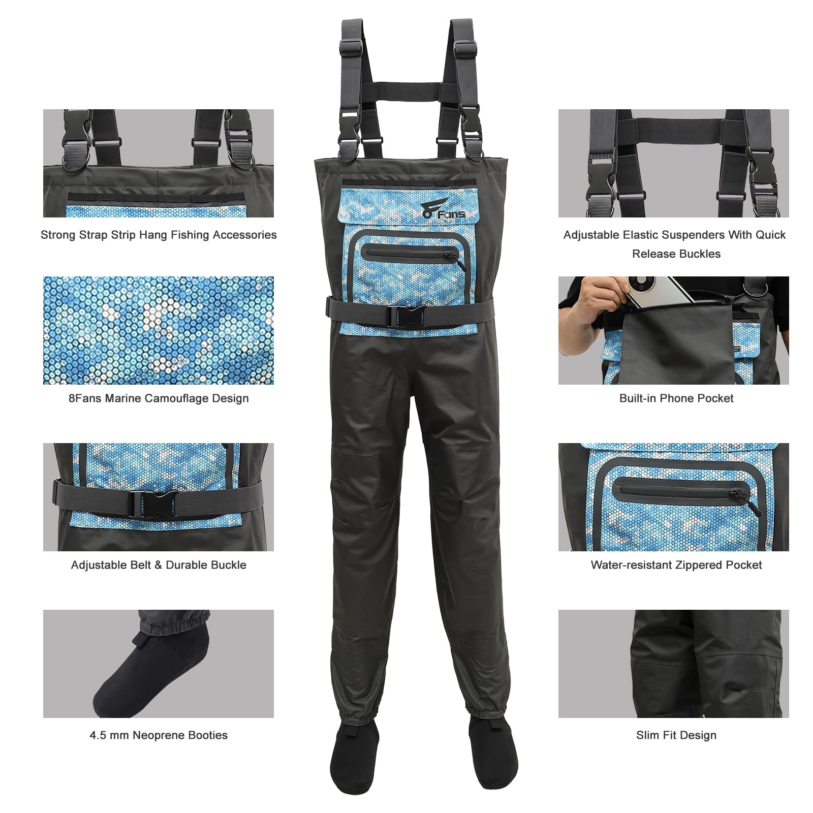 8 Fans Waterproof Neoprene Chest Waders for Men & Women - Bootfoot Fishing & Hunting Waders - Ideal for Fly Fishing, Duck Hunting, and Outdoor Water Activities