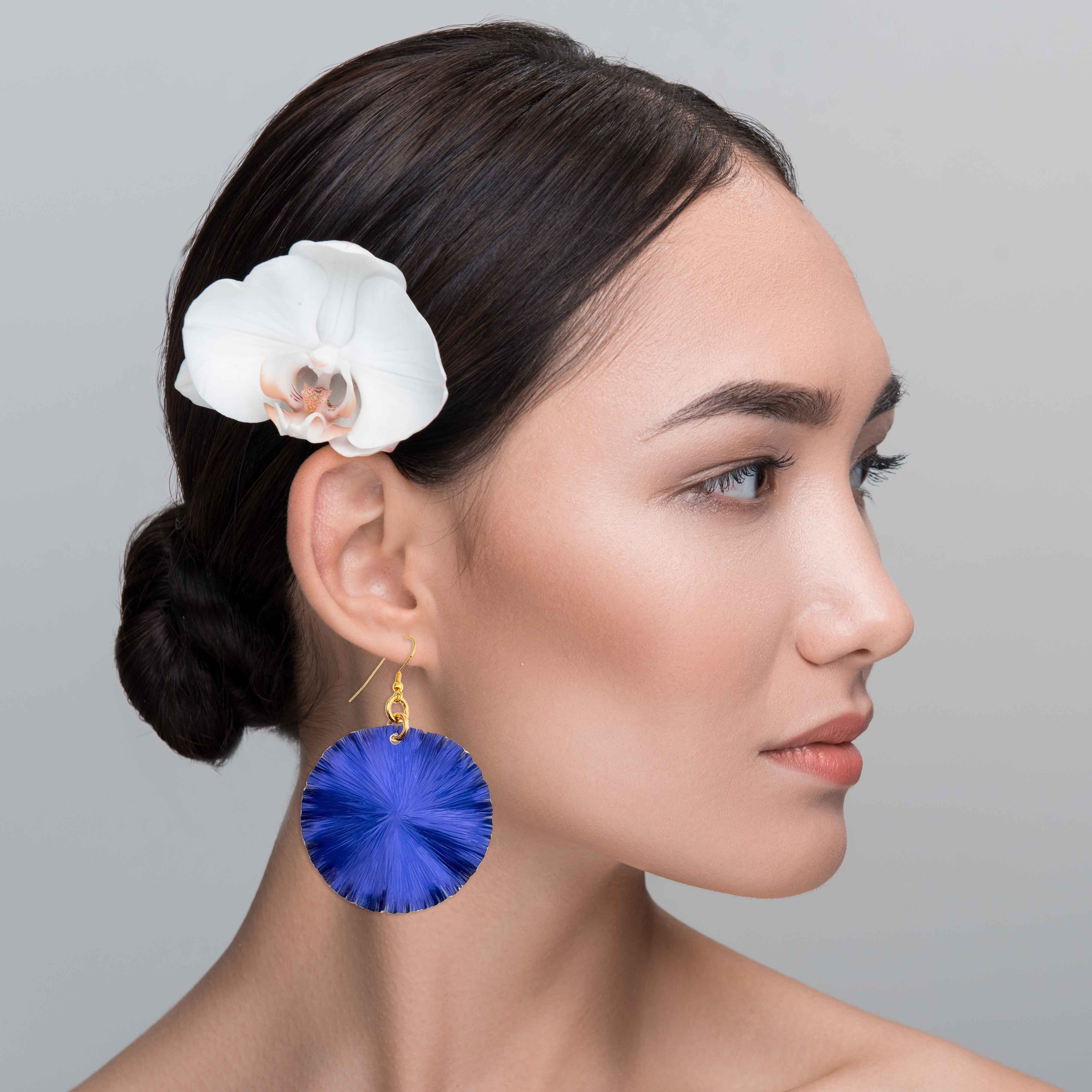 Cobalt Blue Anodized Aluminum Lily Pad Leaf Earrings for Women – Boho Chic Statement Jewelry for Parties, Weddings & Everyday Wear