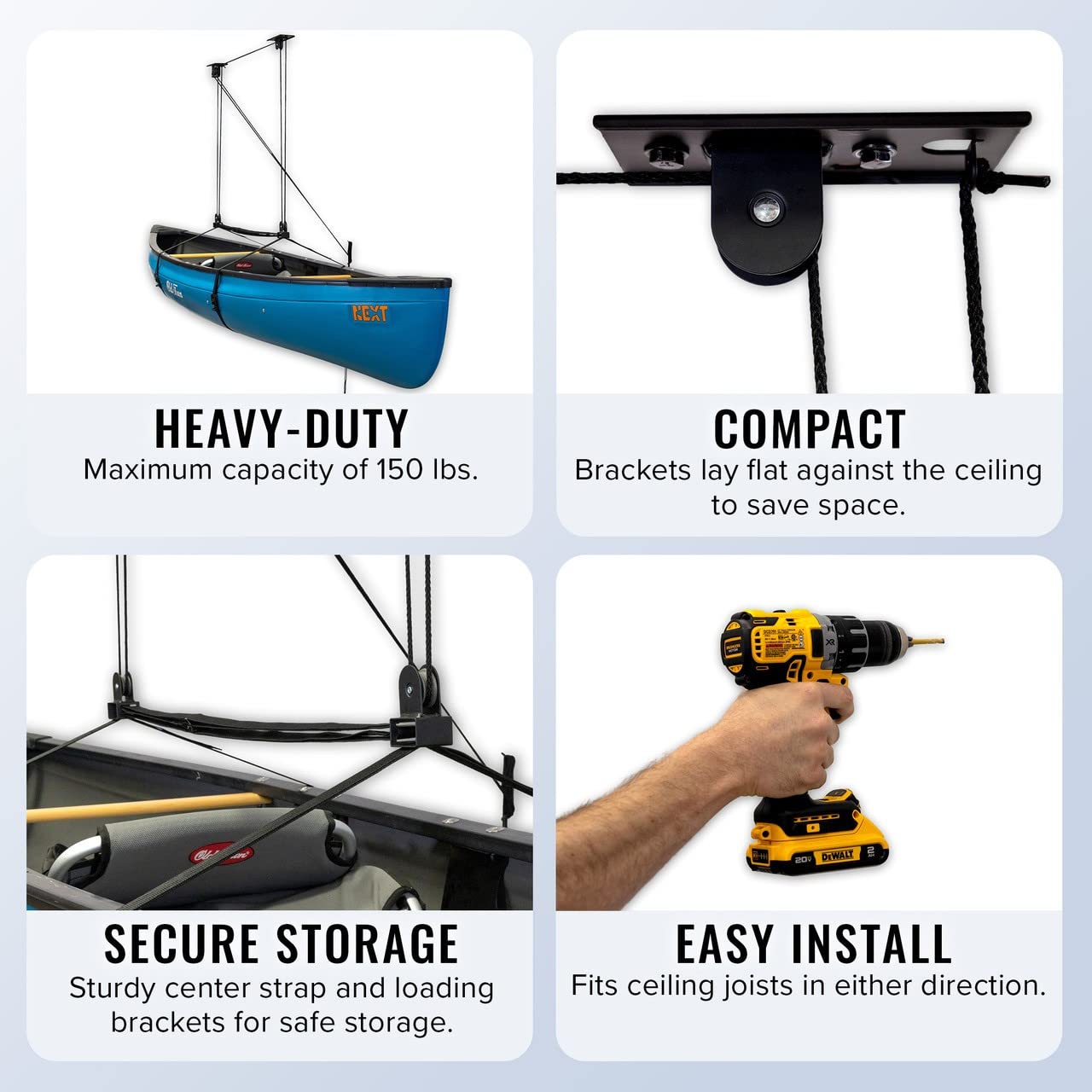 StoreYourBoard 2-Pack Heavy Duty Garage Ceiling Pulley Storage System - Kayak, Canoe & Ladder Lift Holds 150 lbs - Perfect for Garage Organization & Outdoor Gear Storage