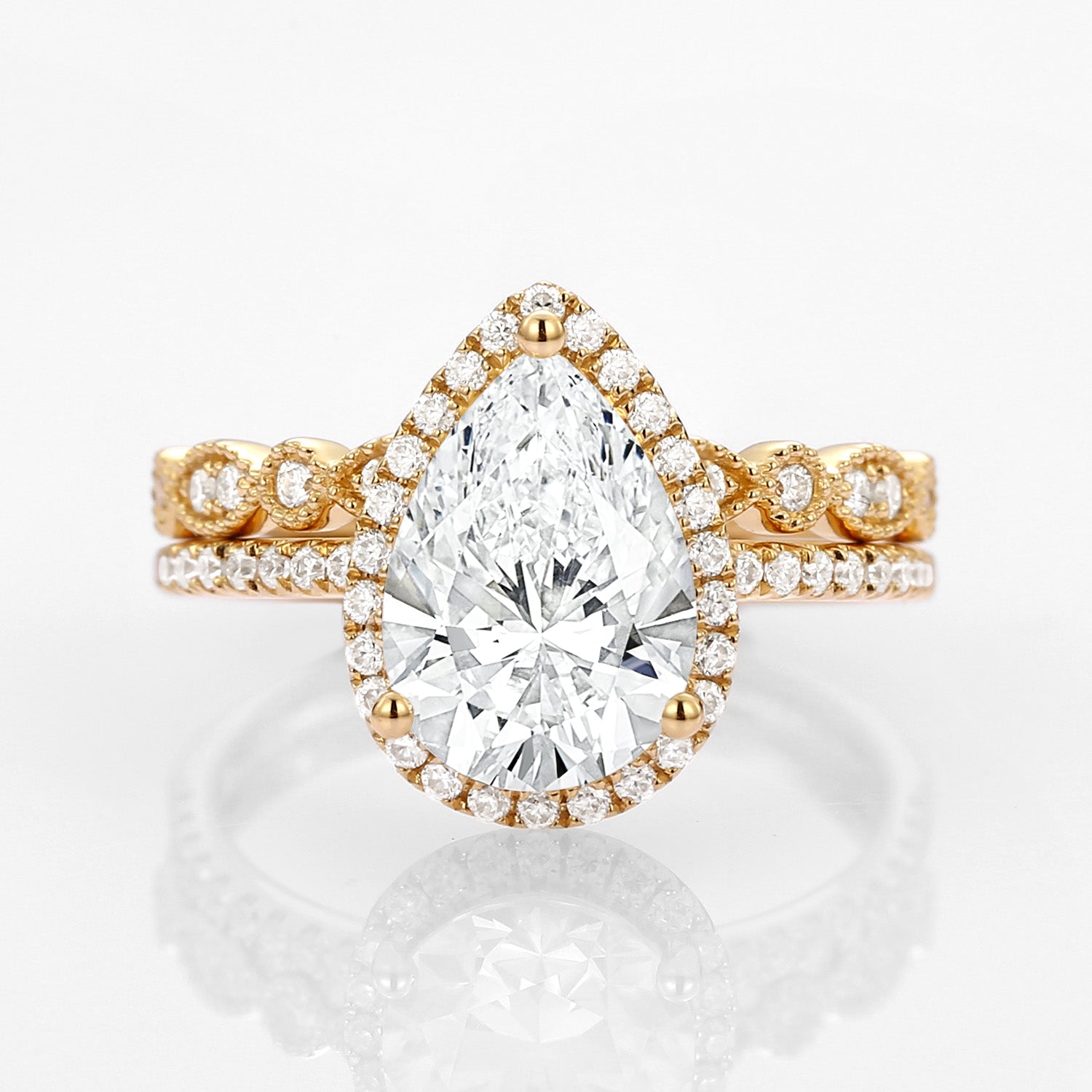 2.0ct Vintage Halo Pear Lab Grown Diamond Engagement Ring Set - 2 Piece Bridal Jewelry for Wedding, Anniversary & Proposal | Eco-Friendly & Conflict-Free