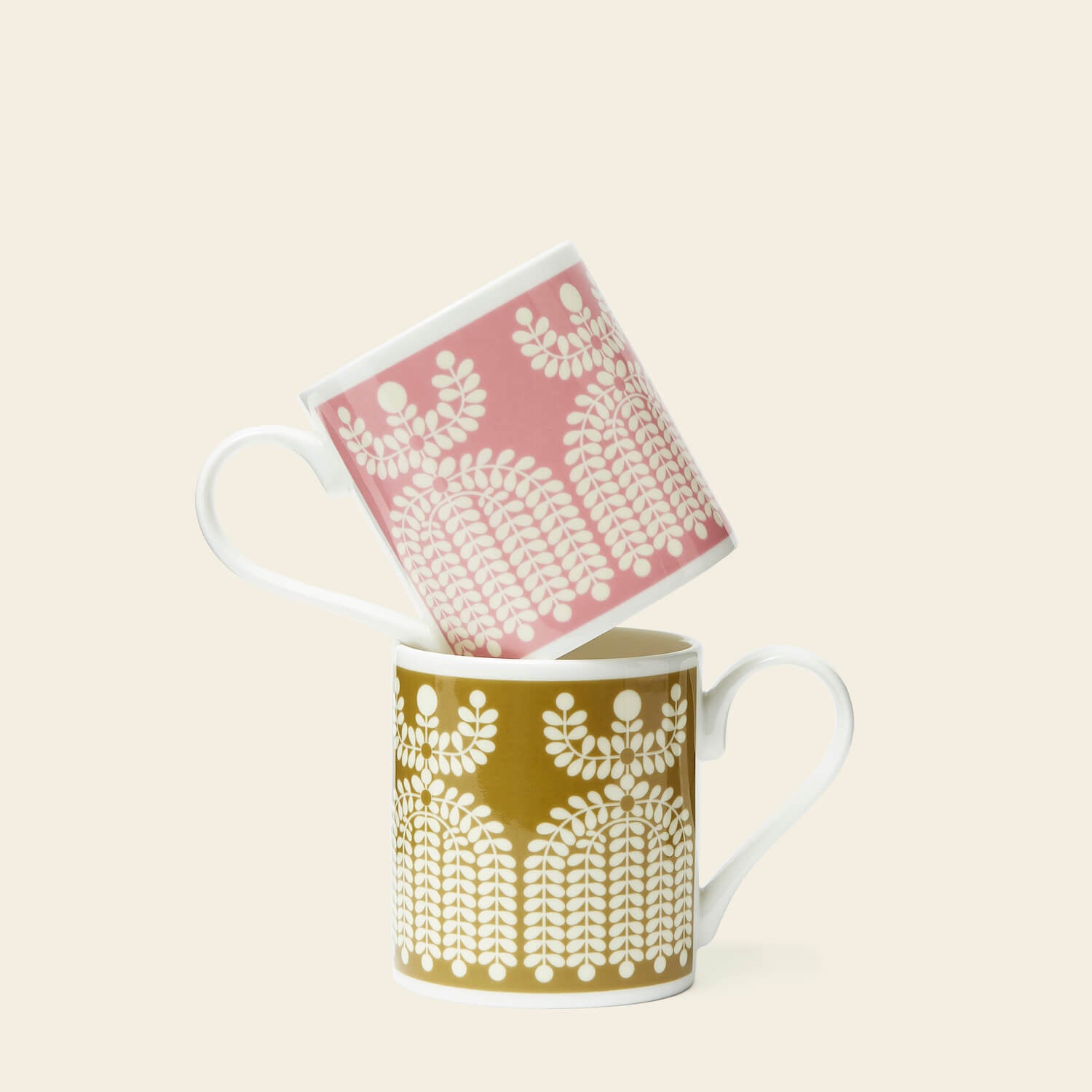 Folk Girl Ceramic Coffee Mugs Set of 2 - Ochre & Pink Handmade Tea Cups for Home, Office, or Gift - Perfect for Morning Coffee, Afternoon Tea, and Cozy Moments
