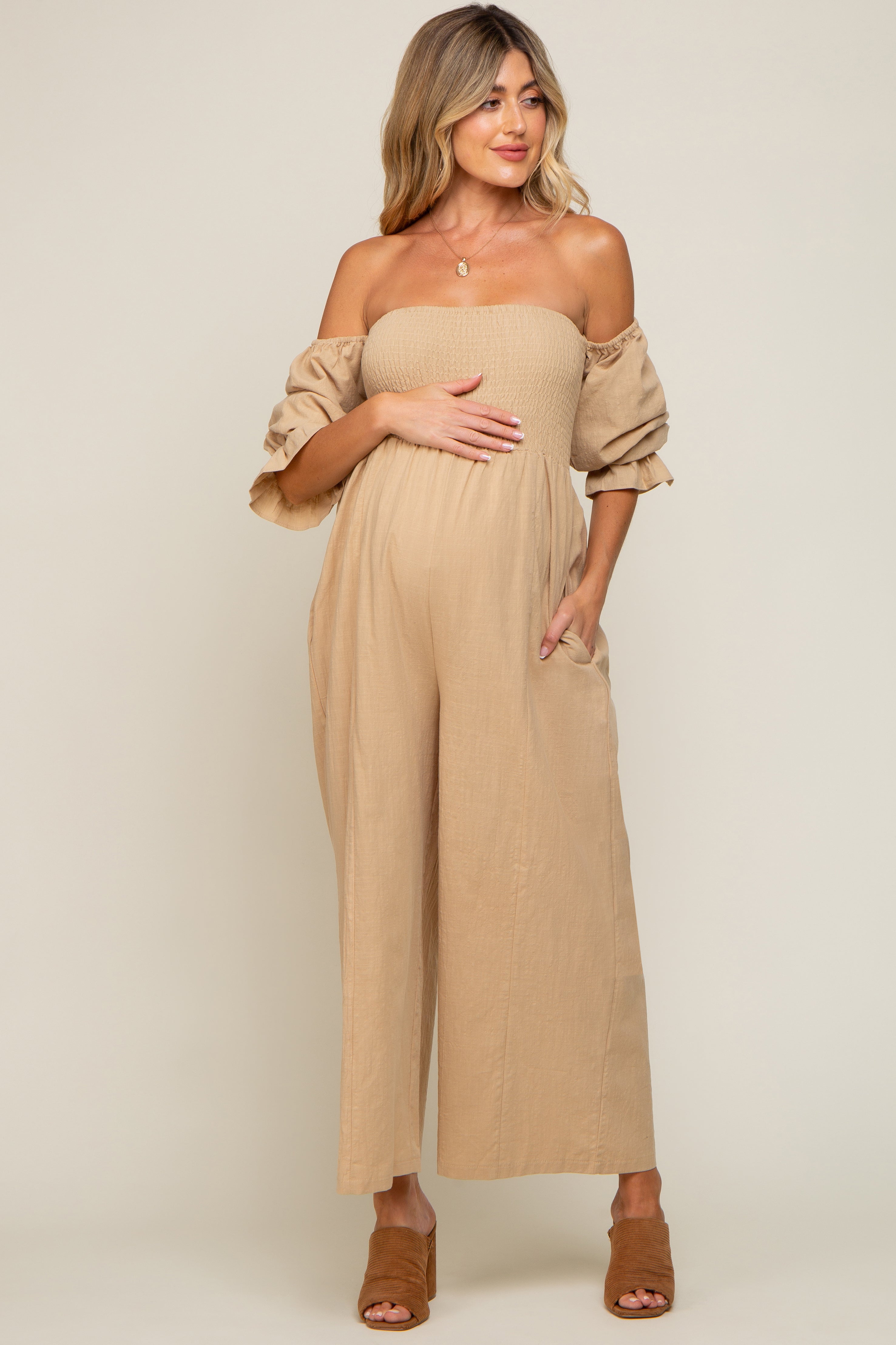 Beige Linen Smocked Off Shoulder Wide Leg Maternity Jumpsuit for Women - Comfortable Pregnancy Outfit for Summer, Beach, and Maternity Photoshoots