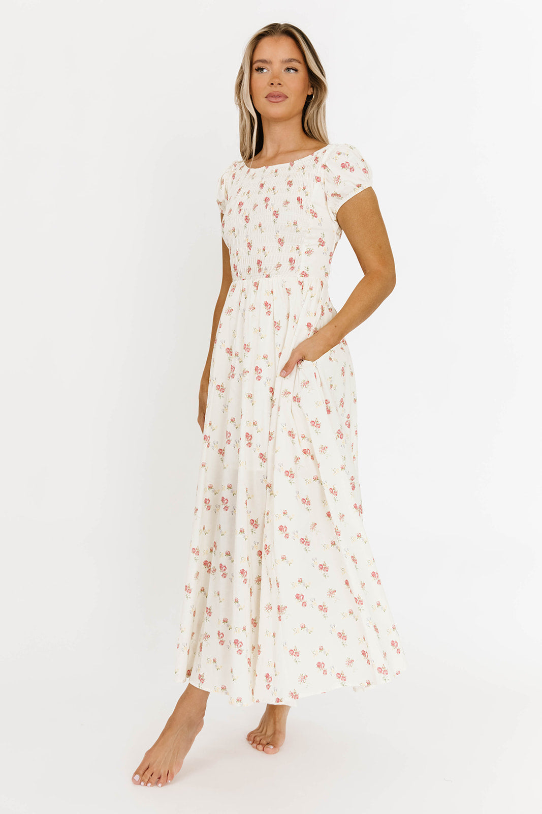 Denise 100% Cotton Smocked Maxi Dress with Piecing and Strappy Back in Cream Floral - Elegant Summer Beach Dress for Women, Perfect for Vacations, Weddings & Outdoor Events