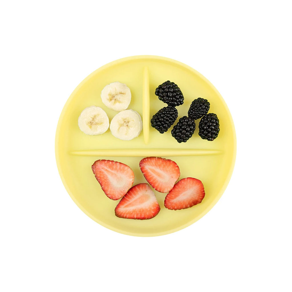 OlaBaby Divided Suction Plate with Lid - BPA-Free Toddler Feeding Dish for Babies & Kids - Non-Slip Lemon Design - Perfect for High Chairs, Travel & Mess-Free Meals