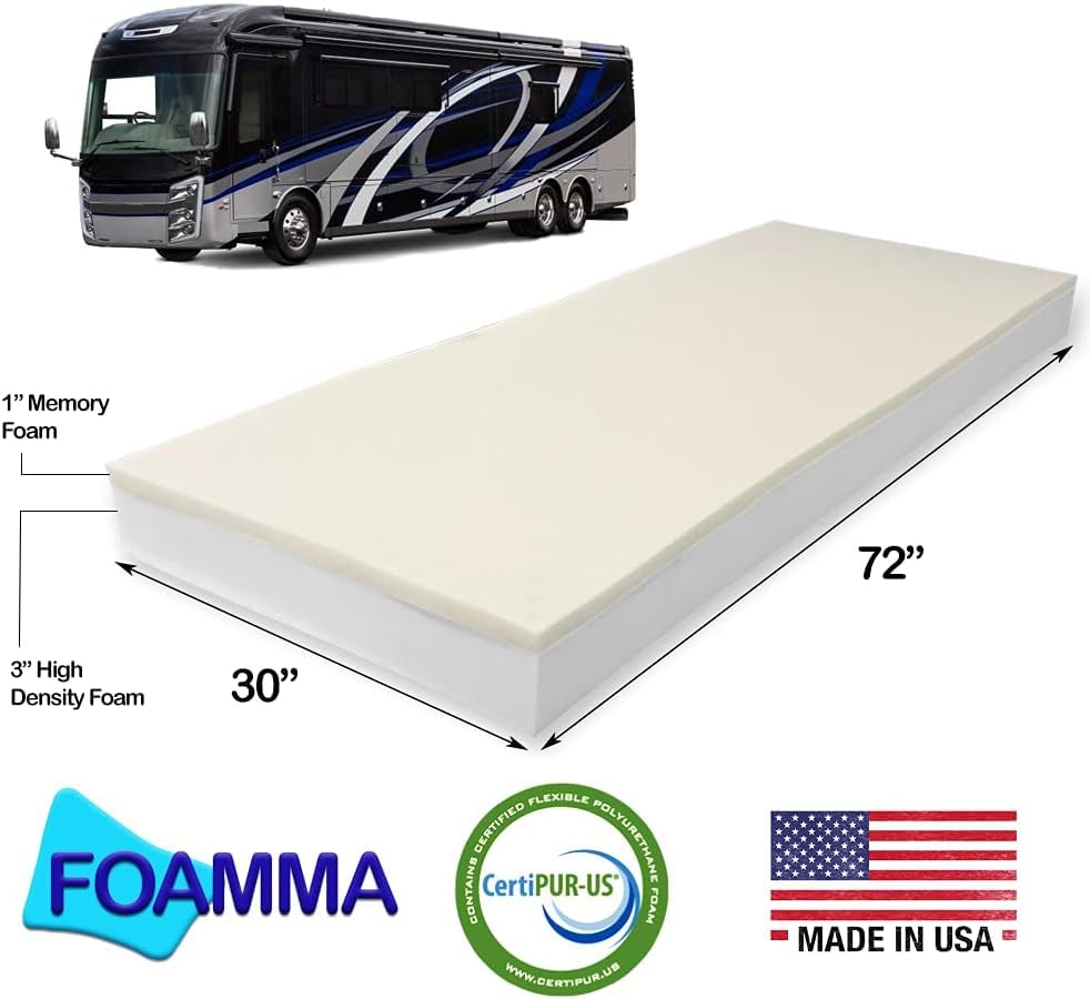 Foamma 4” x 30” x 72” Memory Foam Bunk Mattress for Trucks, Campers & RVs | USA-Made Replacement Mattress | CertiPUR-US Certified Comfort | Perfect for Road Trips & RV Adventures (Cover Not Included)