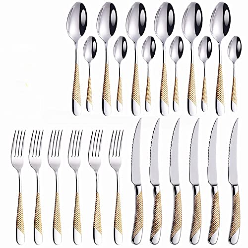 24-Piece Stainless Steel Silverware Flatware Set - Gold Cutlery Set for Dining, Includes Spoon Fork Knife - Eco-Friendly & Dishwasher Safe Dinnerware for Home, Restaurant, Party & Everyday Use