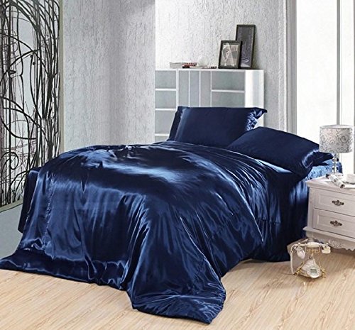 Luxury 8-Piece Navy Blue Queen/Cal-King Bedding Set - 100% Silky Satin 500 GSM Hotel Quality Comforter & Sheets - Perfect for Master Bedrooms, Guest Rooms & Luxury Hotels