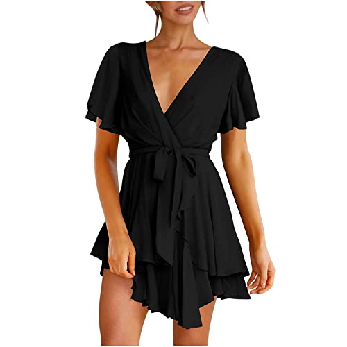 CPXUTFP Women's Summer Dresses 2023 - V-Neck Ruffle Tunic Casual Dress, Solid Color Plus Size & Maternity Strappy Sundress | Perfect for Beach Vacations, Date Nights & Summer Outings