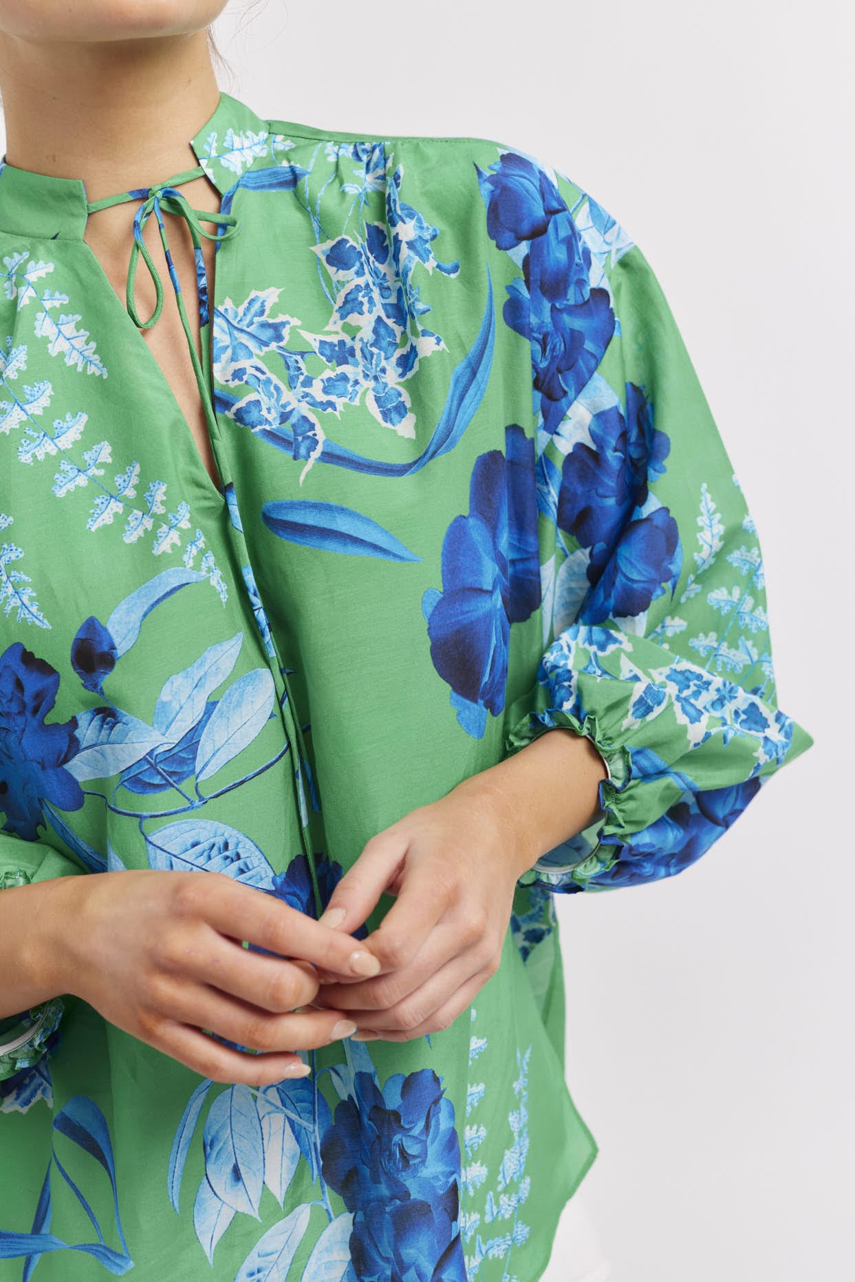 Edie Cotton Silk Top in Emerald Night Garden - Elegant Blouse for Women | Perfect for Office, Party & Evening Wear