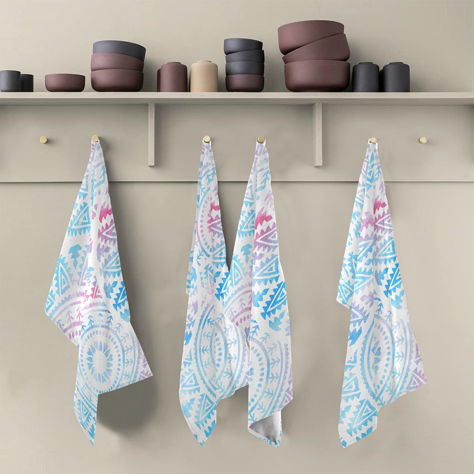 Galaxy Mandala Turquoise Set of 6 Polyester Kitchen Dish Towels - Hemmed Waffle Weave Dishcloths & Hand Bar Tea Towels with Hanging Loop for Dish Drying, Counter Cleaning & Kitchen Decor