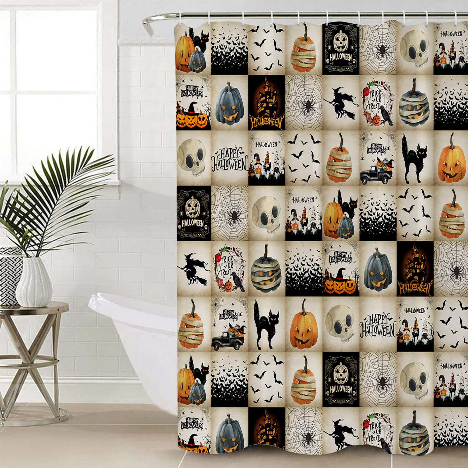 Happy Halloween Pumpkin Gnome Black Cat Bat Skull Plaid Waterproof Fabric Shower Curtain 60x72 Inch with Hooks - Bathroom Decor for Spooky Season, Halloween Party & Gothic Home Decor