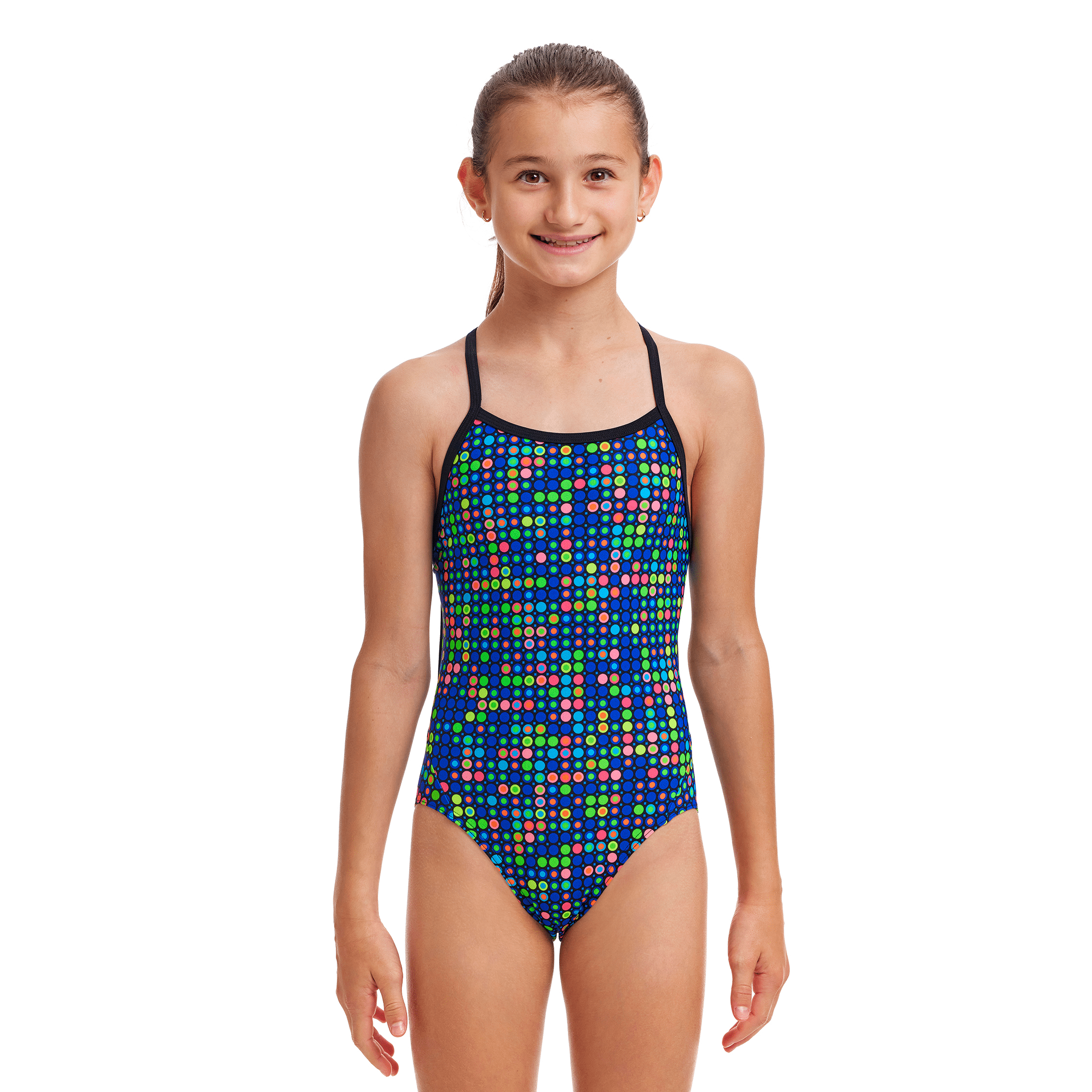 Funkita Dial A Dot Twisted Girls Swimsuit - Trendy One-Piece Bathing Suit for Kids | Perfect for Pool Parties, Beach Vacations & Swim Lessons