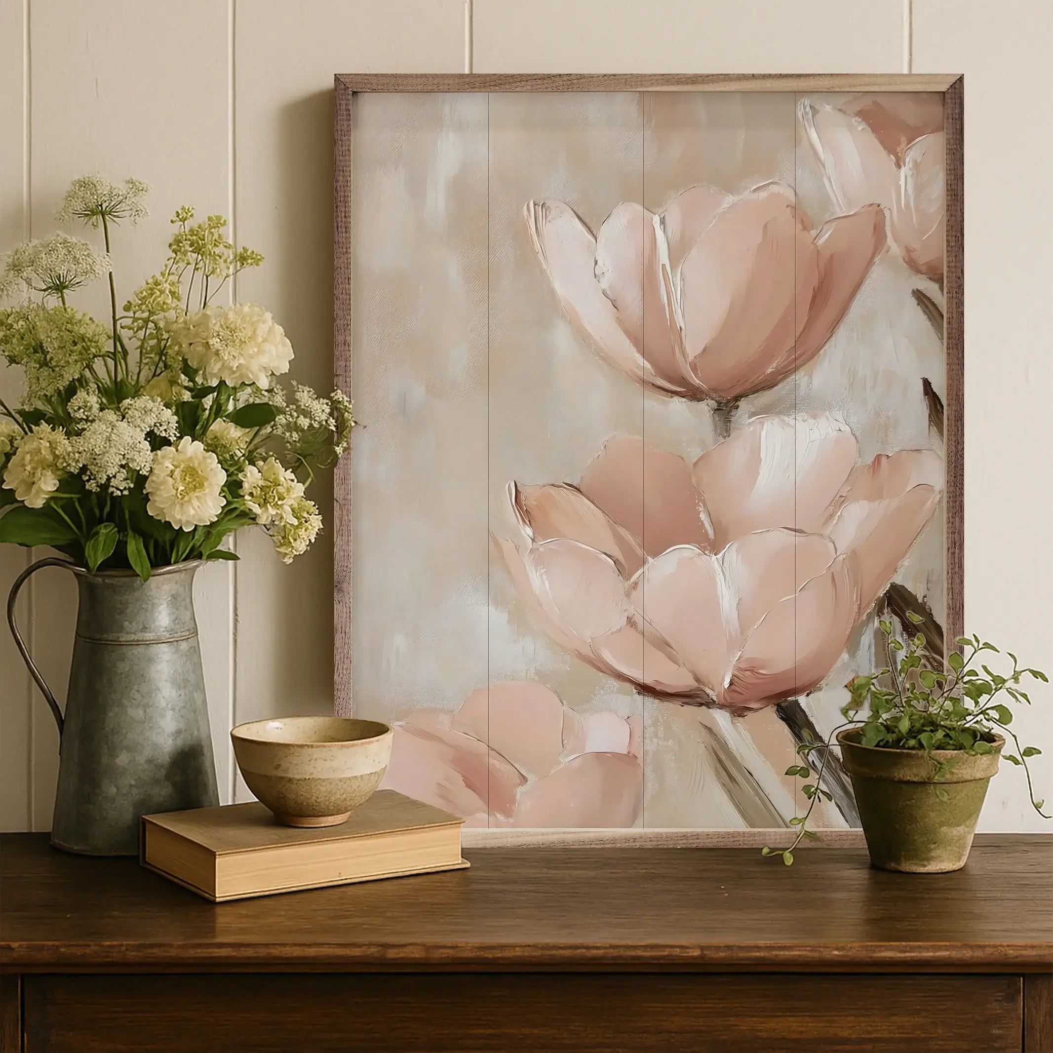 Elegant Dusty Pink Floral Wood Framed Wall Art Print - Vintage Botanical Home Decor for Living Room, Bedroom & Office