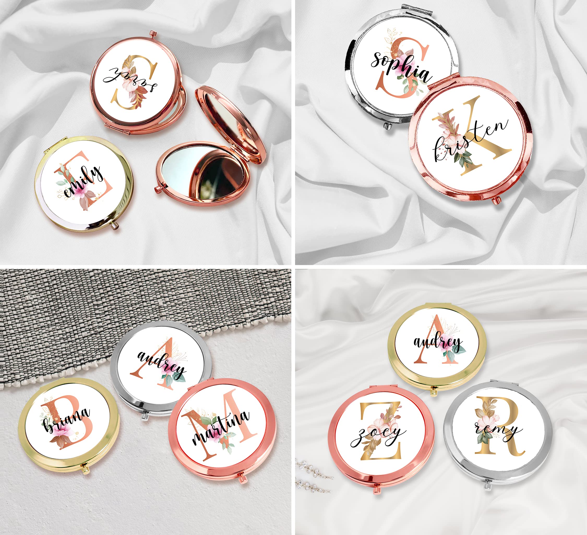 Personalized Floral Compact Mirror - Bridesmaid Gift for Travel & Weddings