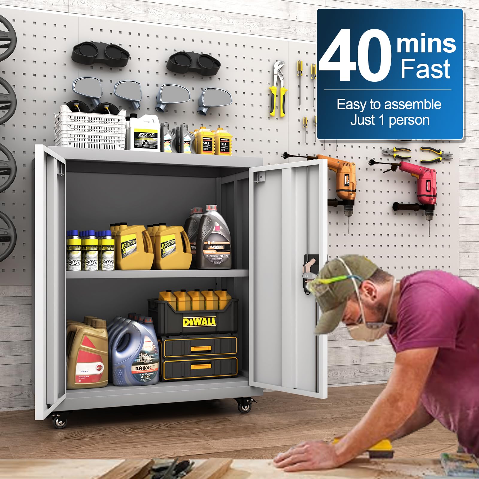 GREATMEET Rolling Garage Storage Cabinet with Wheels, Lockable Metal Utility Cabinet with Adjustable Shelves & Doors - Grey - Ideal for Garage, Home Office, Workshop & Utility Room Organization