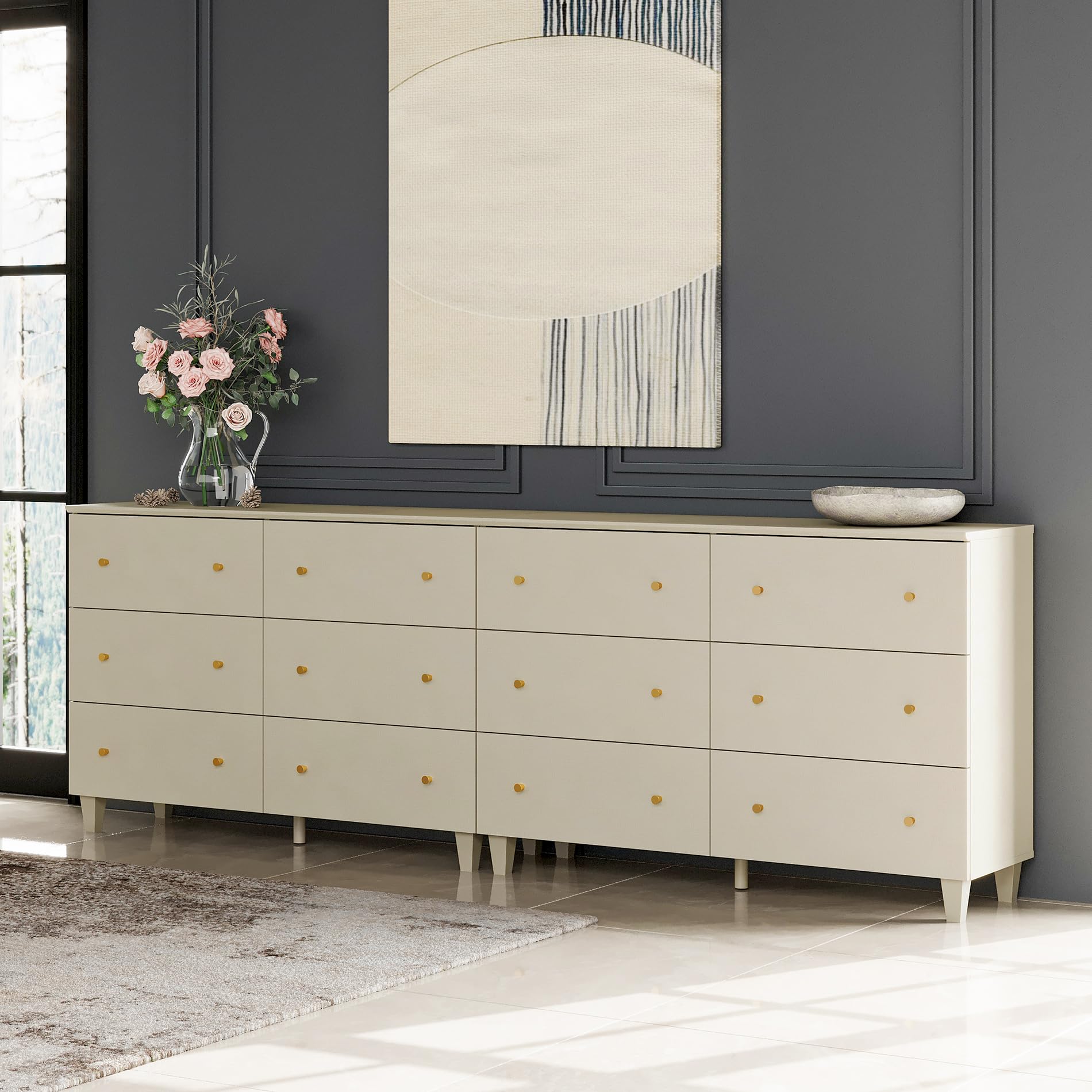WAMPAT 12-Drawer Dresser Chest for Bedroom - Modern Beige Wood Storage Organizer with Gold Knobs & Solid Legs - 2-in-1 Kids Dresser & Nursery Furniture (94.4